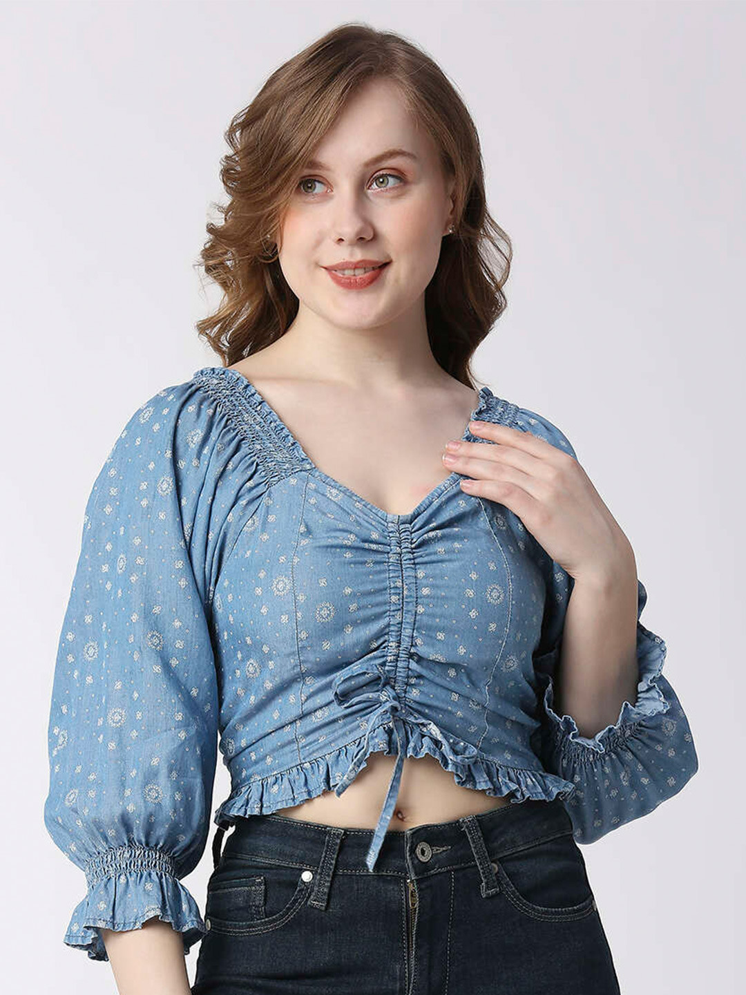 Pepe Jeans Floral Printed Sweetheart Neck Puff Sleeves Crop Blouson Top