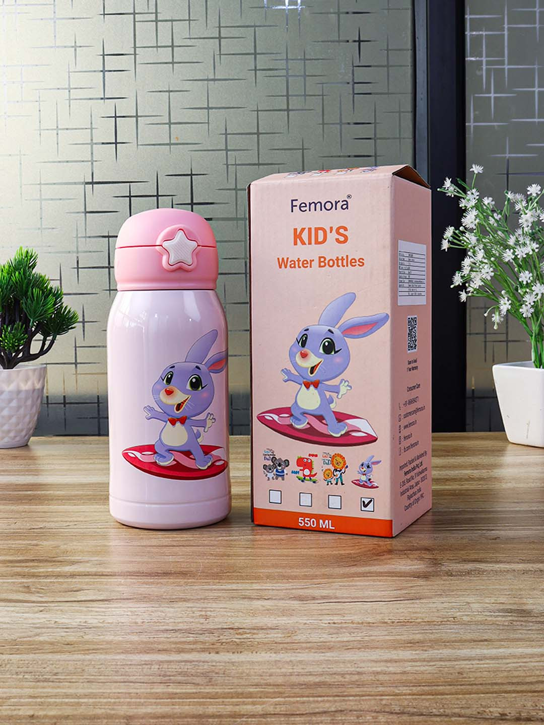 Femora Kids Pink Double Walled Vacuum Insulated Stainless Steel Bottle With Bag  - 550 ML
