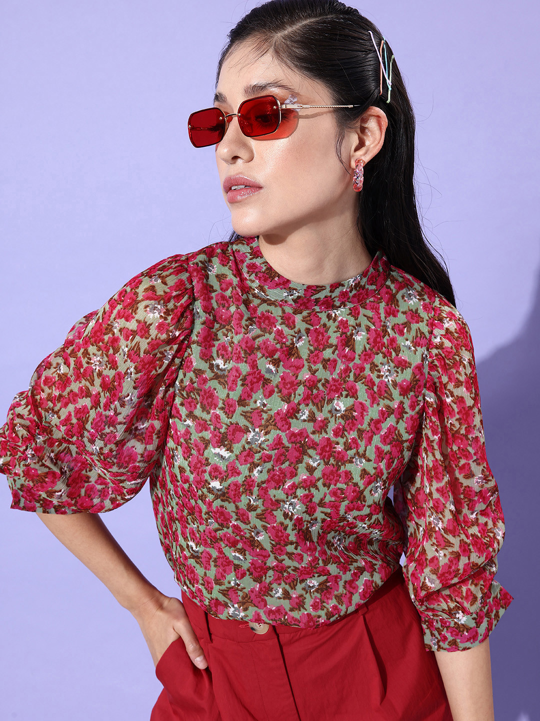 ANVI Be Yourself Floral Print Mandarin Collar Puff Sleeve Chiffon Blouson Top