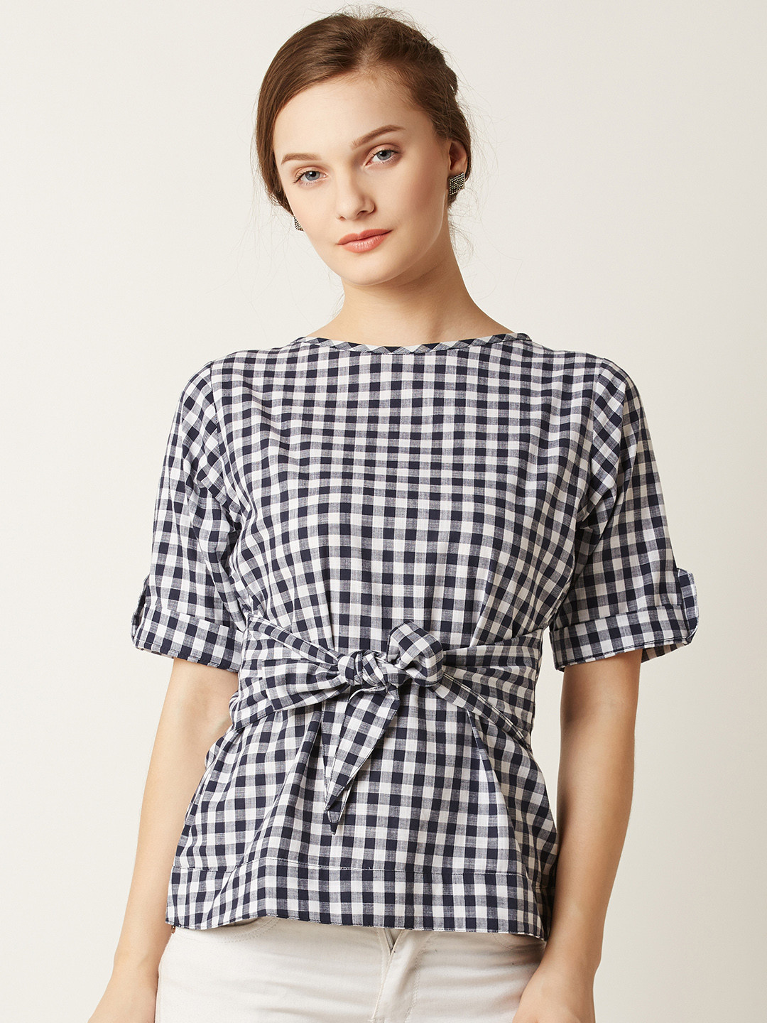 Miss Chase Women Navy Blue & White Checked Pure Cotton Top