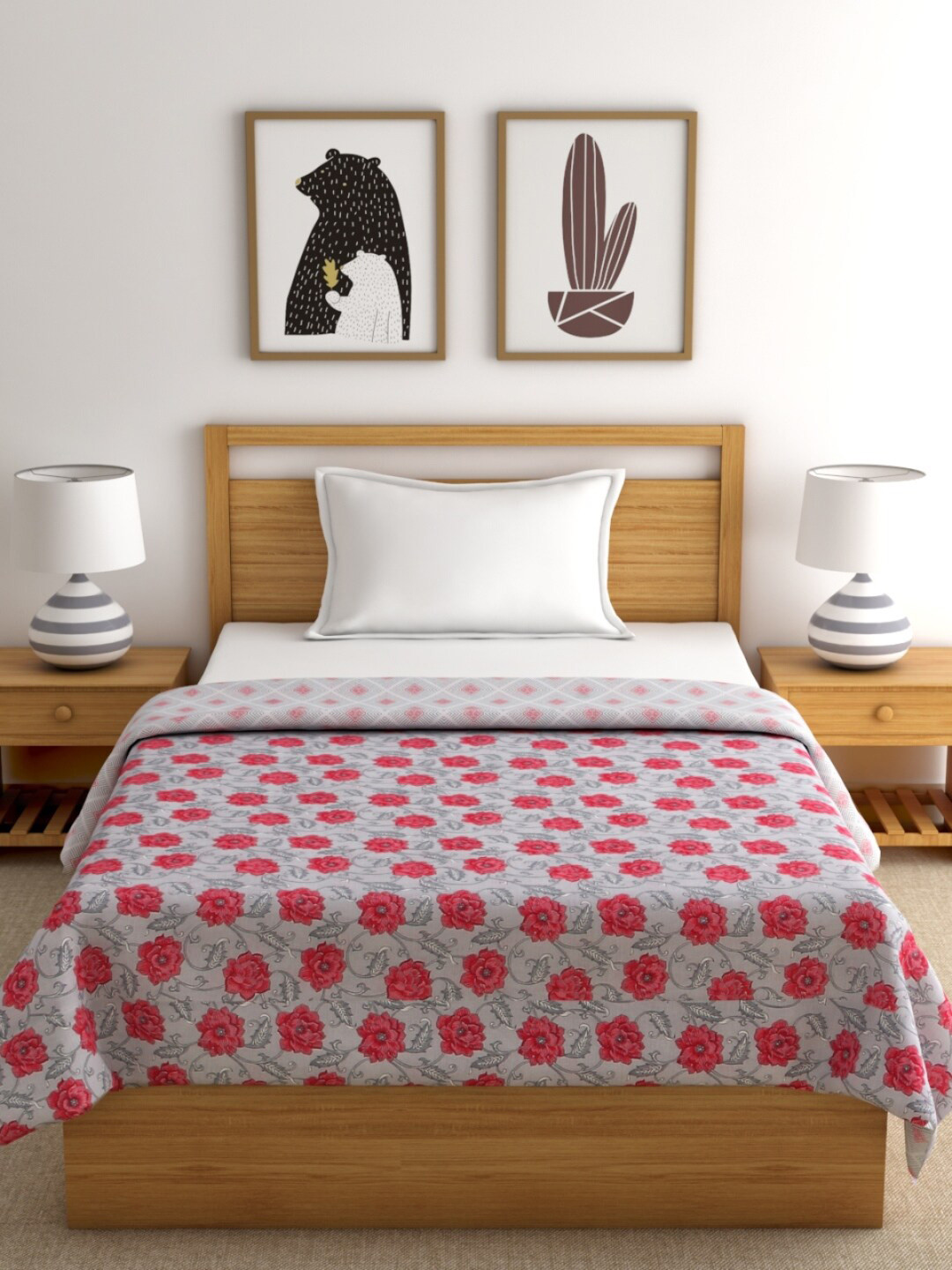 ROMEE Grey & Red Floral Reversible AC Room 150 GSM Single Bed Dohar