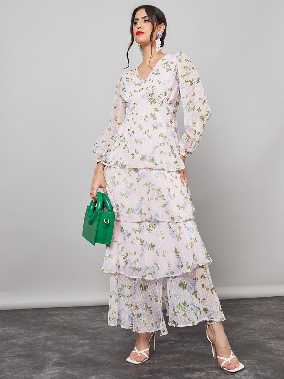 Styli Pink Floral Printed Puff Sleeves V-Neck Layered A-Line Maxi Dress