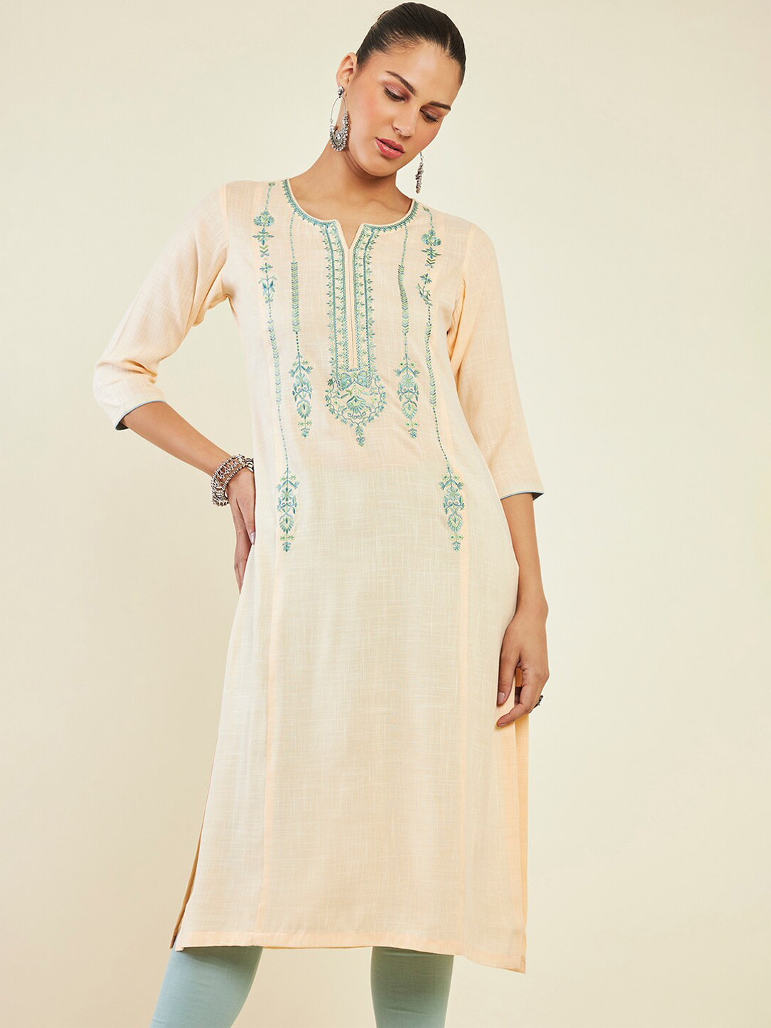 Soch Yoke Design Notch Neck Thread Work Kurta