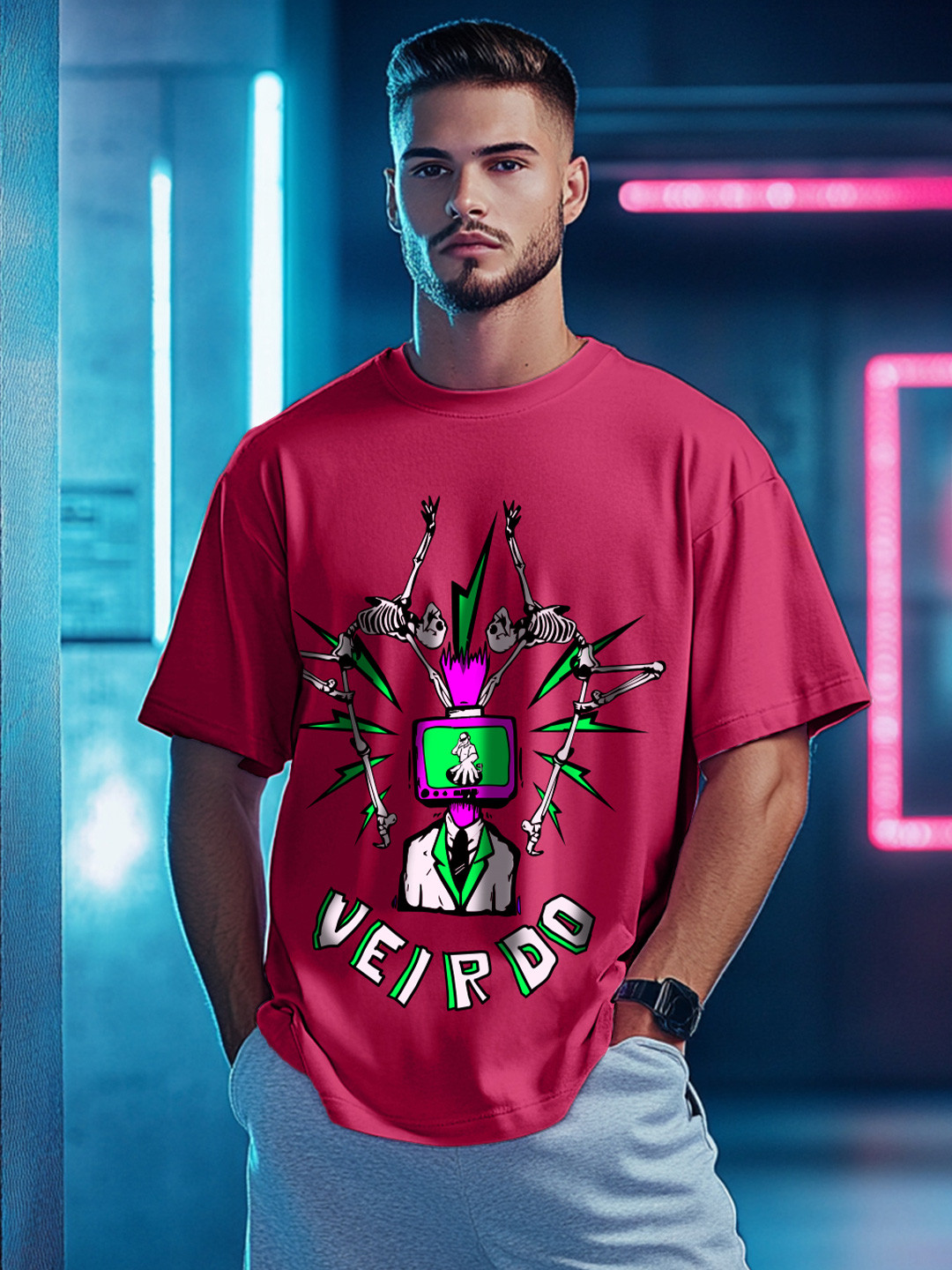 VEIRDO Graphic Printed Cotton Oversized Fitted T-shirt