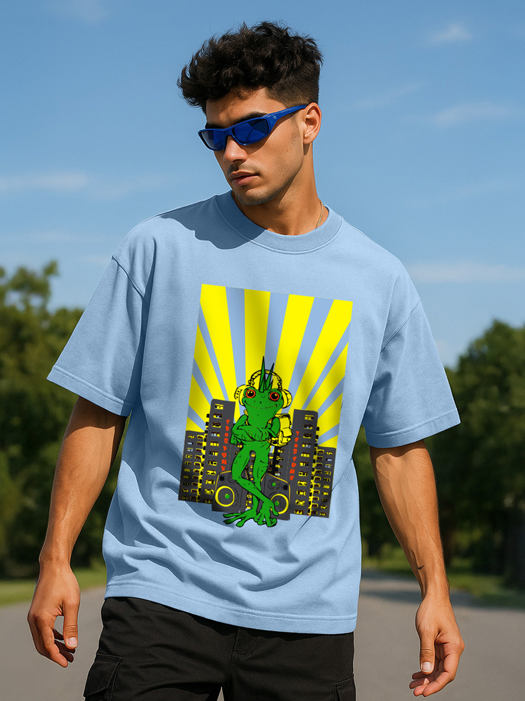 VEIRDO Turquoise Blue& Green Graphic Printed Cotton Oversize Fit T-shirt