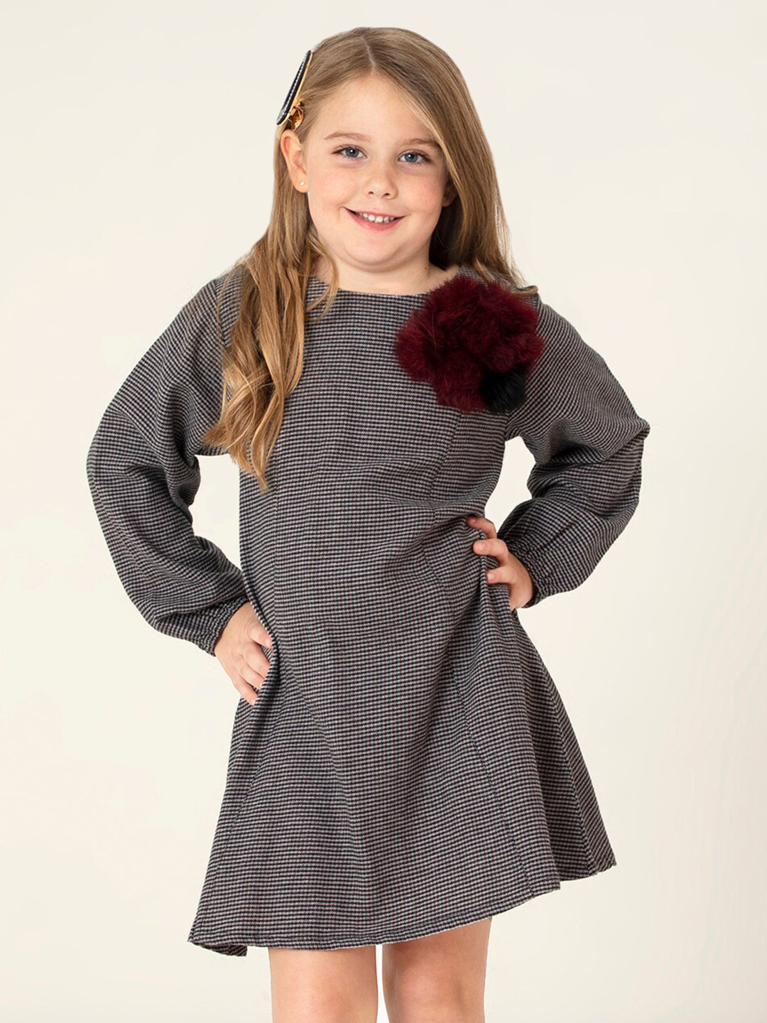 Cherry Crumble Girls Round Neck Fluffy Faux Fur Soft Pom Pom A-Line Cotton Dress
