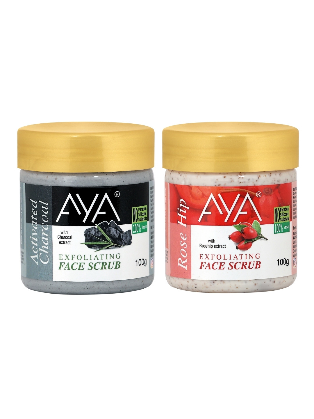 AYA Set Of 2 Activated Charcoal & Rosehip Exfoliating Face Scrub - 100 ml Each