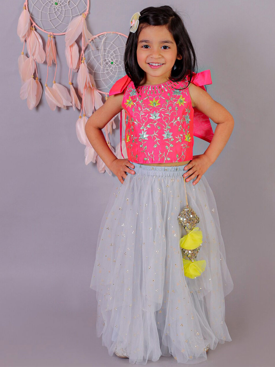LIL DRAMA Girls Embroidered Ready to Wear Lehenga With Blouse