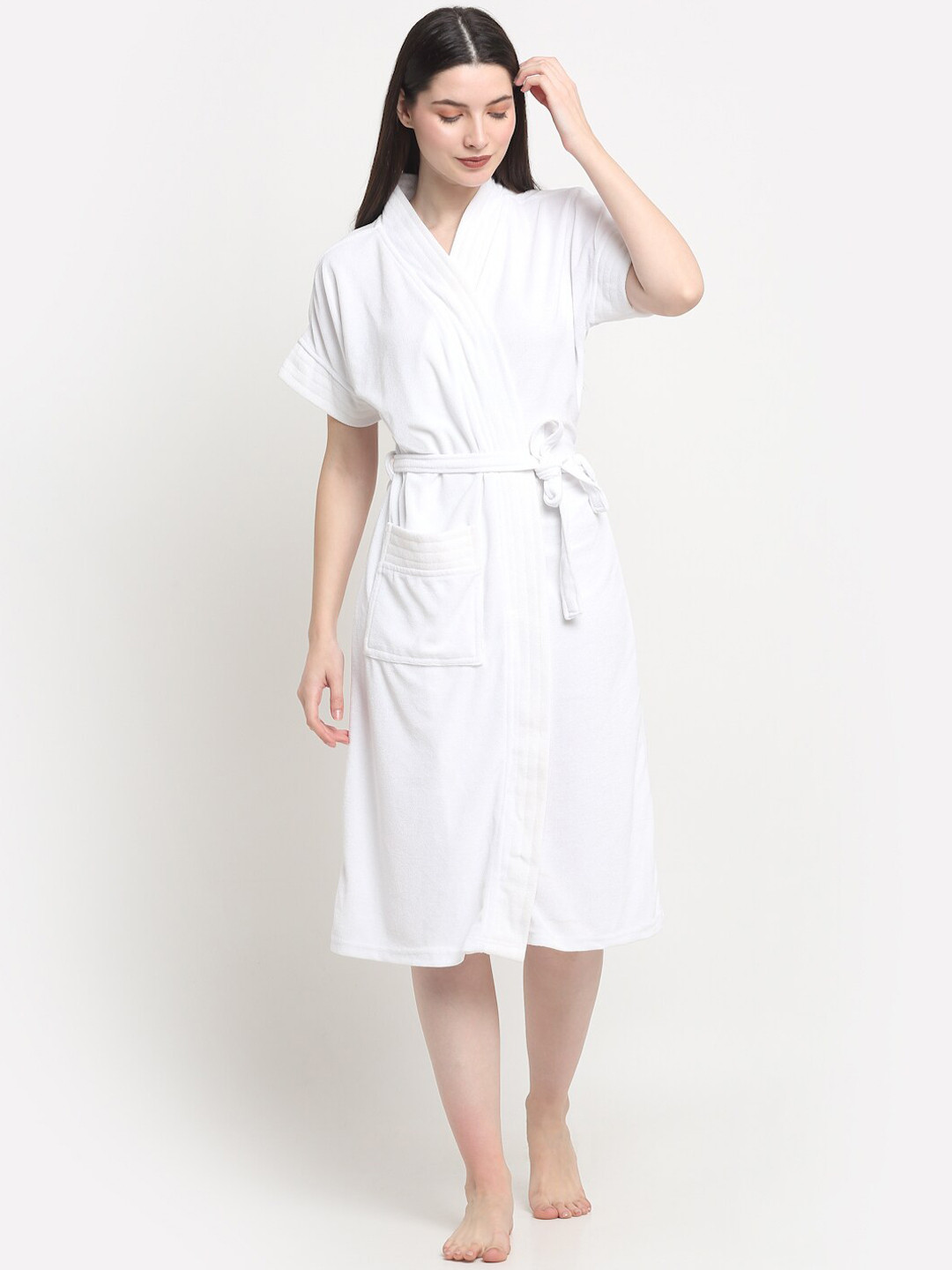 Creeva Everyday White Solid Terrycloth Drawstring Midi Bath Robe