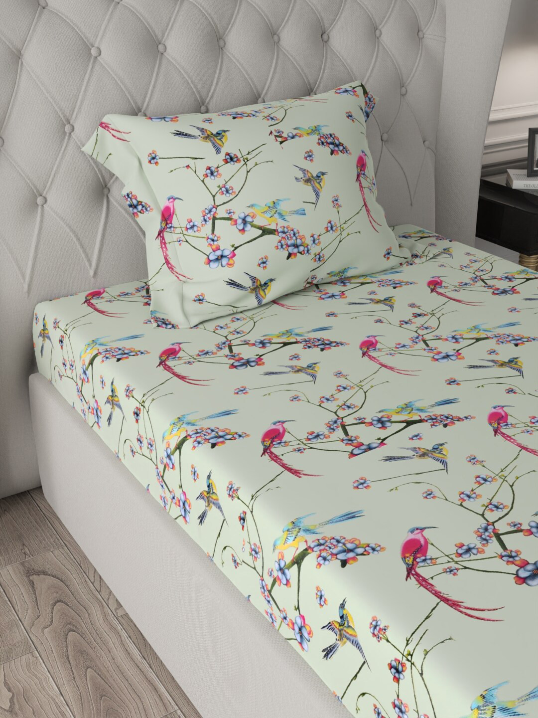 URBAN SPACE Serene Green & Pink Floral 200 TC Pure Cotton Single Bedsheet & Pillow Cover
