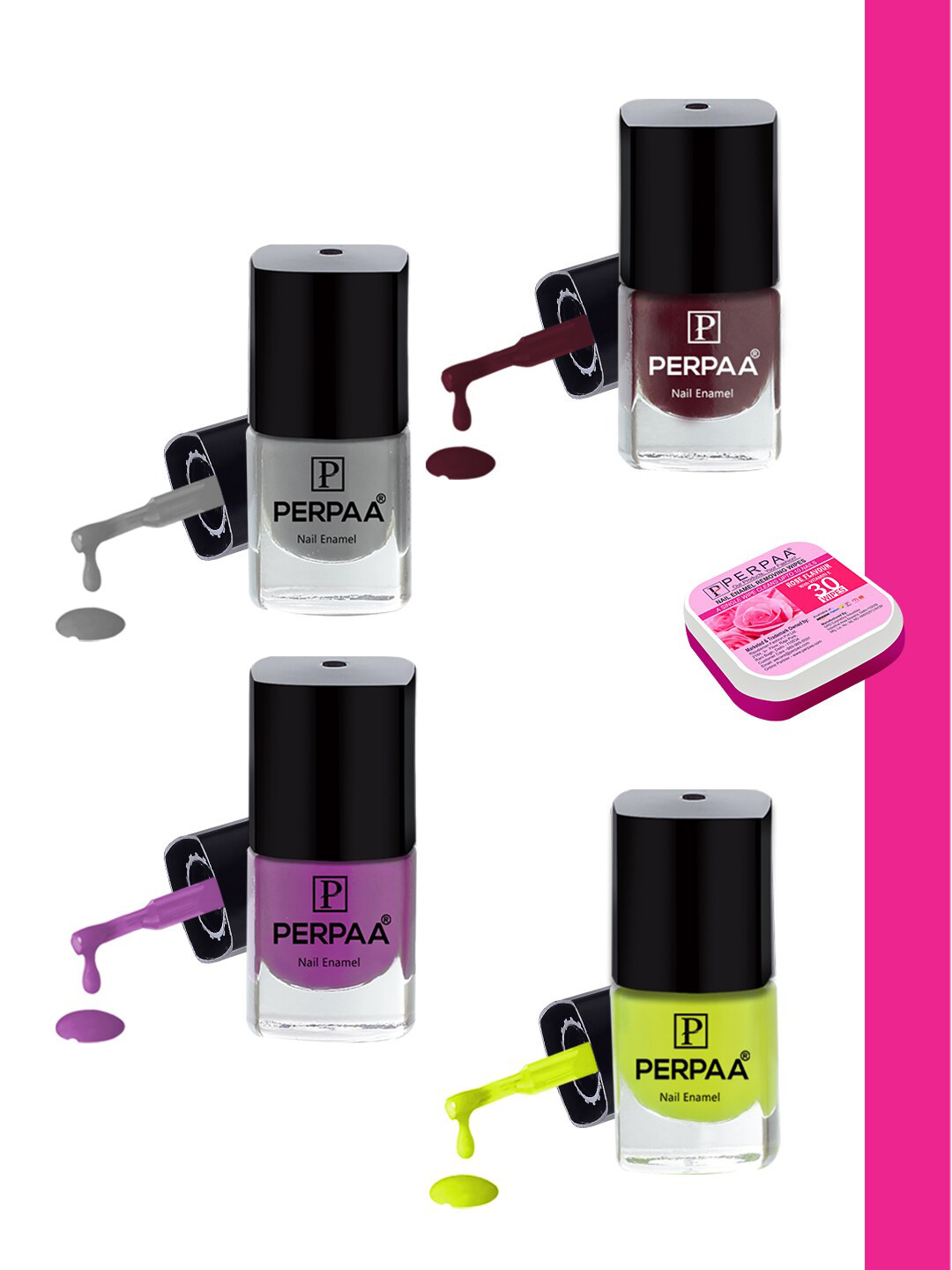 PERPAA Set Of 4 Quick Dry & Long Lasting Nail Polishes With Nail Enamel Wipes