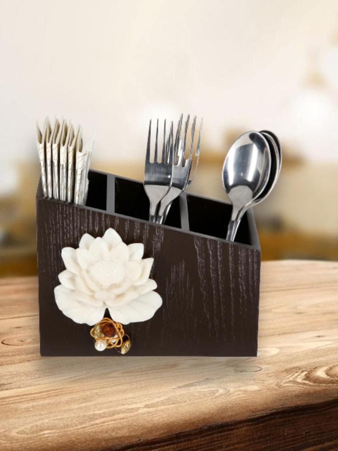 COCKTAIL Brown Textured Wooden 3-Sections Cutlery Holder