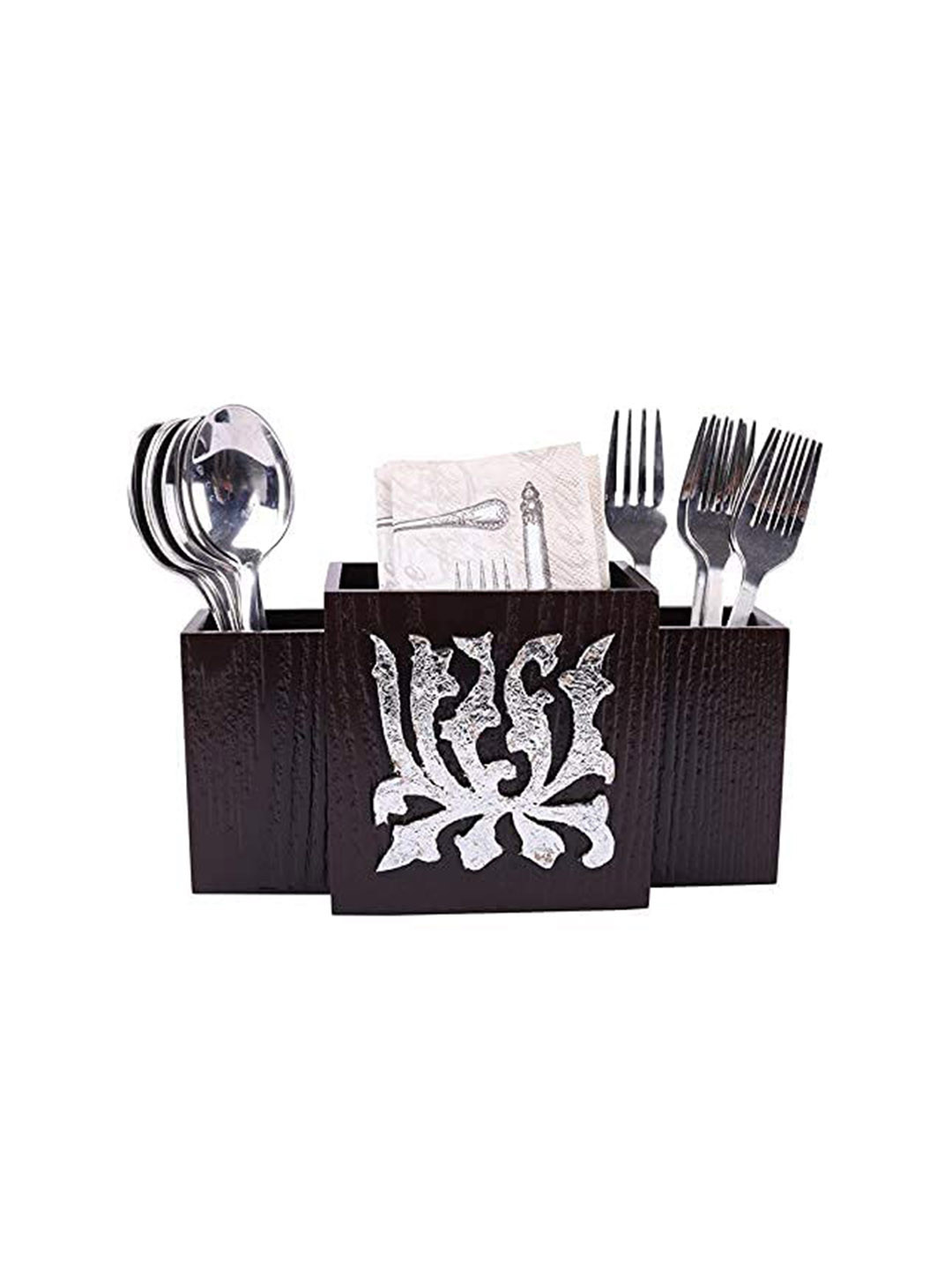 COCKTAIL Brown Wooden 3-Sections Cutlery Holder