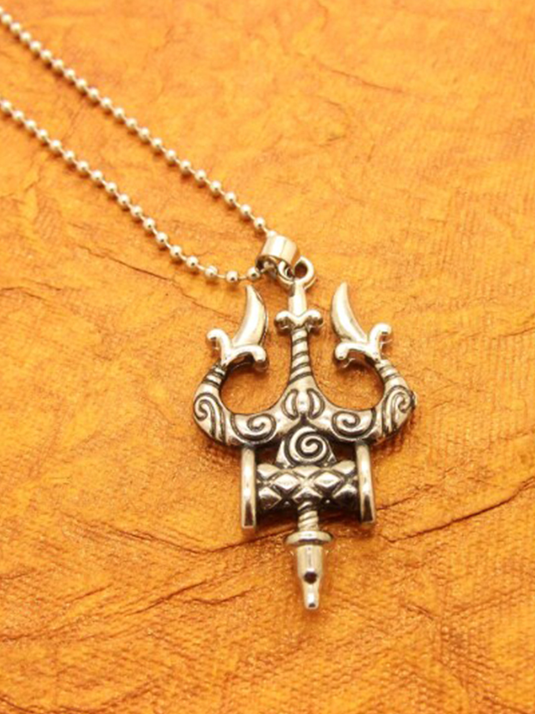 FEMMIBELLA Men Silver-Plated Trishul Damru Pendant Chain