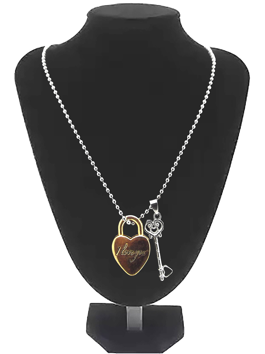 FEMMIBELLA Men Silver-Plated I Love You Engraved Heart Lock and Key Pendant Chain