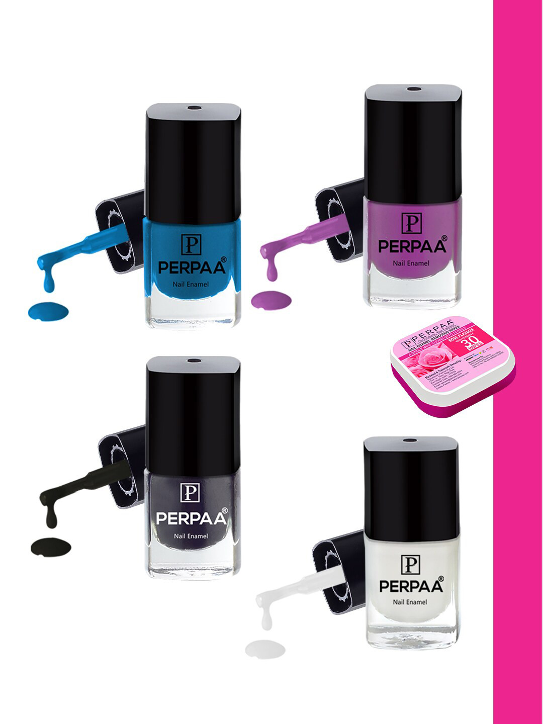 PERPAA Set Of 4 Quick Dry & Long Lasting Nail Polishes With Nail Enamel Wipes