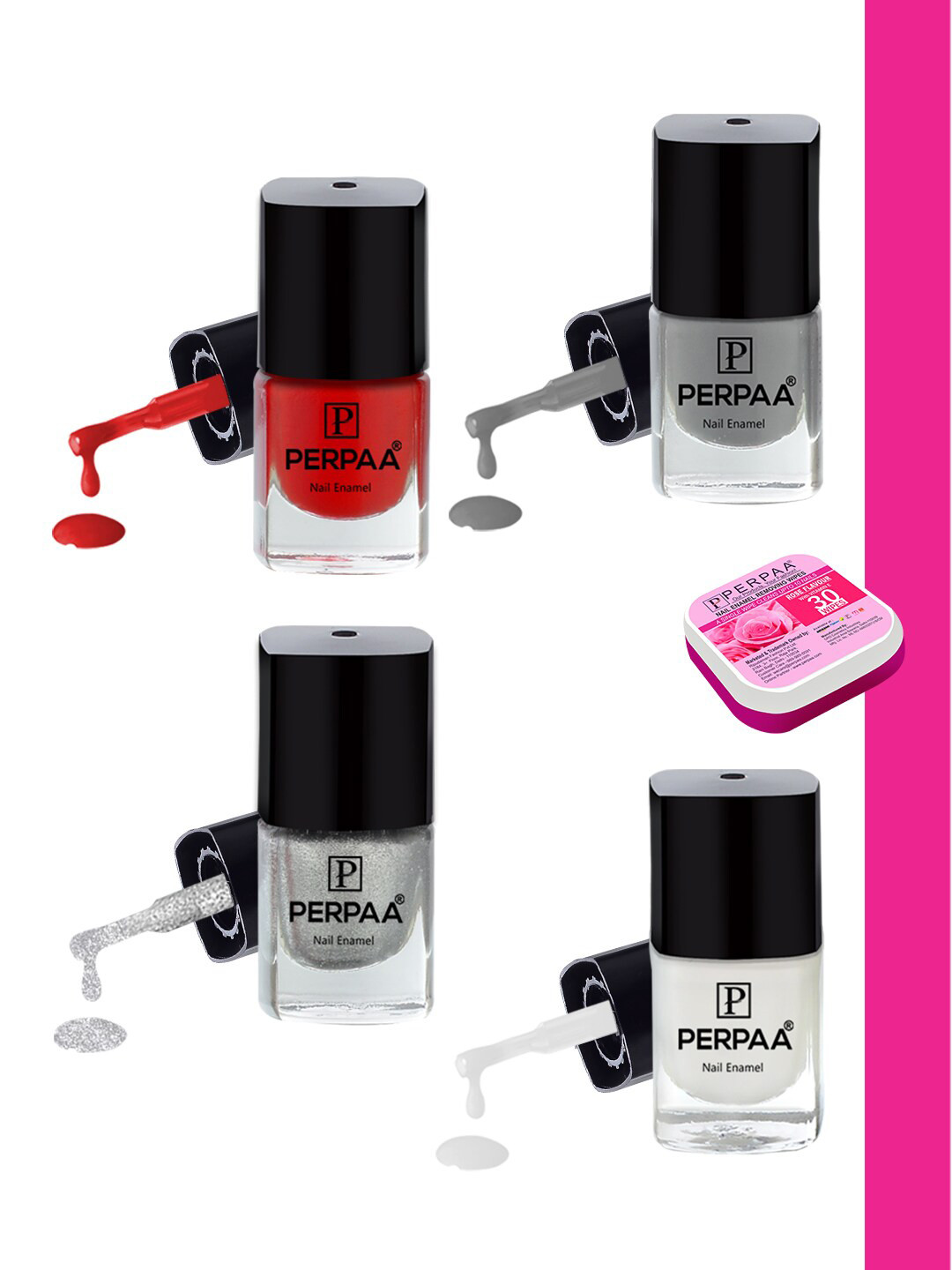 PERPAA Set Of 4 Quick Dry & Long Lasting Nail Polishes With Nail Enamel Wipes