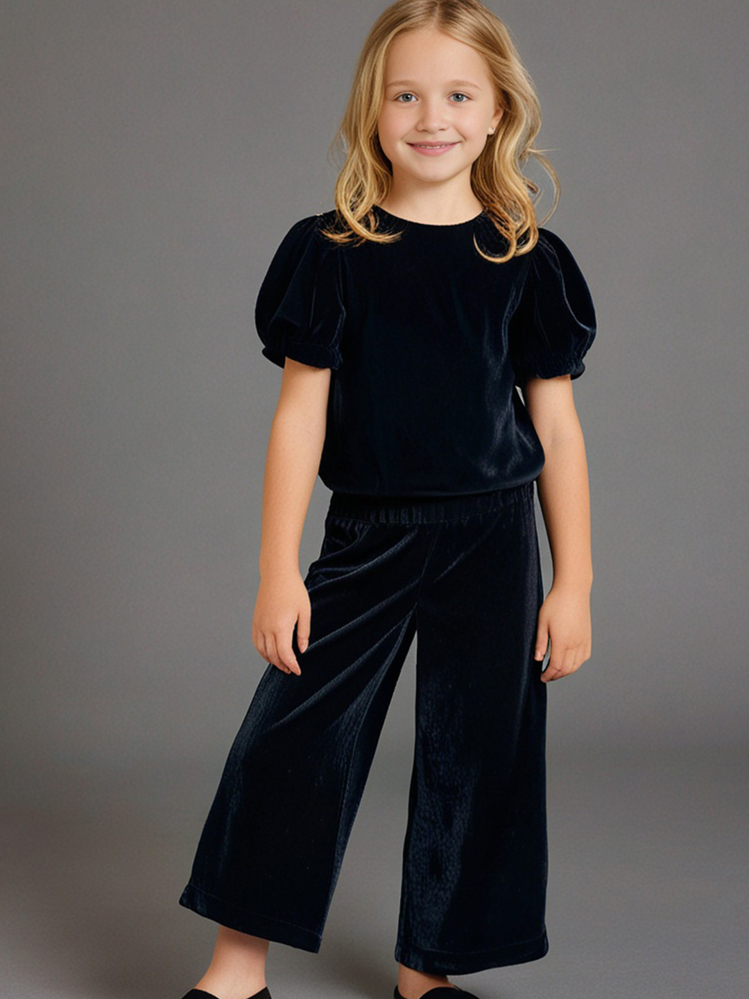 Cherry Crumble Girls Round Neck Puff Sleeves Velvet Top