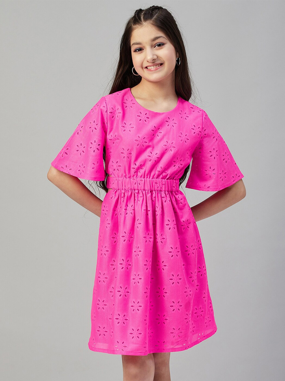 StyloBug Girls Self Design Flared Sleeves Fit & Flare Dress