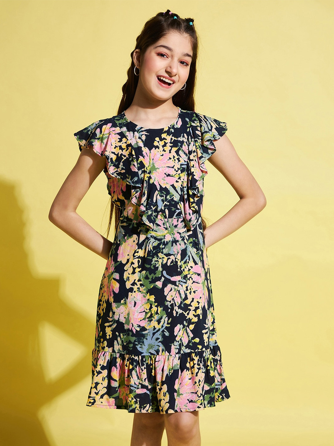 StyloBug Girls Flutter Sleeves Floral Printed Dress