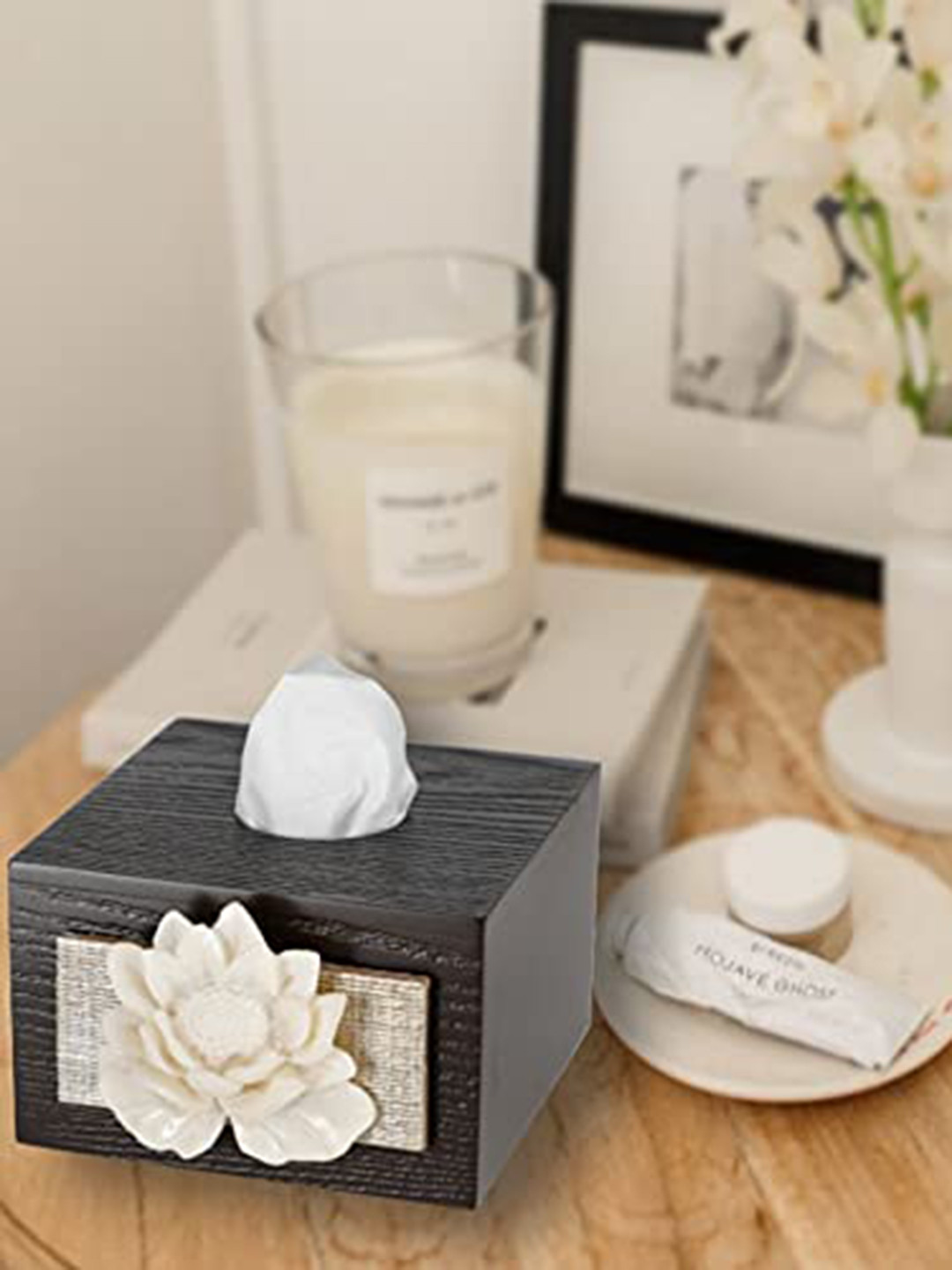 COCKTAIL Brown Embellished & Textured Square Shaped Wooden Tissue Holder