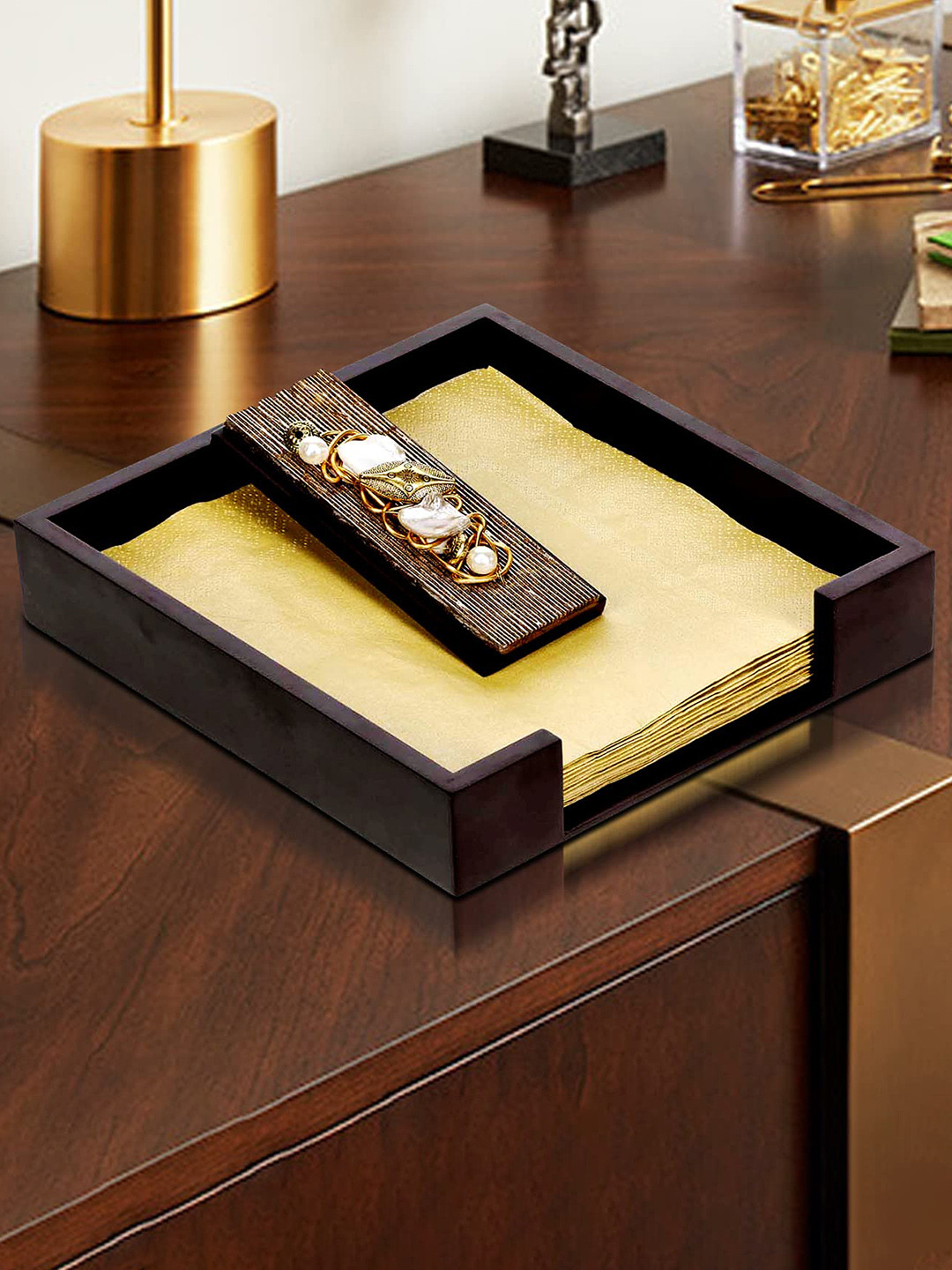 COCKTAIL Brown Square Shaped Wooden Tissue Holder With Weighted Flap