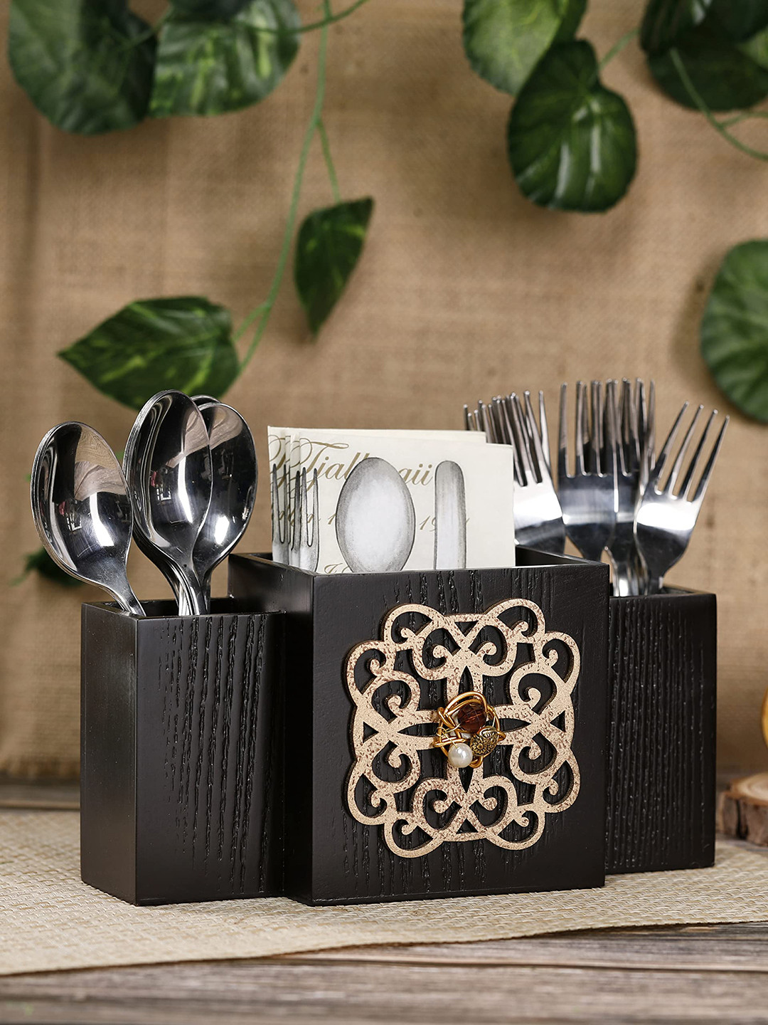 COCKTAIL Brown Embellished & Textured 3-Sections Wooden Cutlery Holder