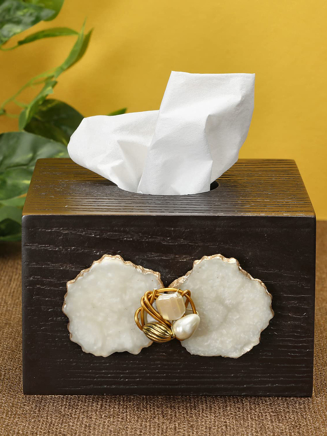COCKTAIL Brown Resin Embellished & Textured Square Shaped Wooden Tissue Holder