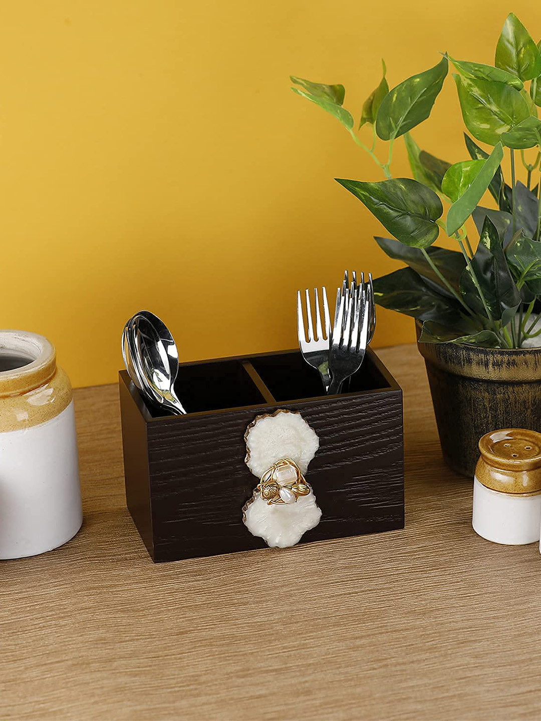 COCKTAIL Brown Resin Embellished & Textured 2-Sections Wooden Cutlery Holder