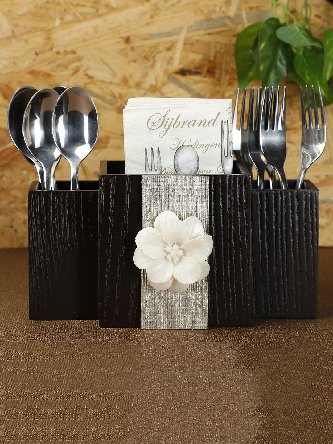 COCKTAIL Brown Flower Embellished & Textured 3-Sections Wooden Cutlery Holder