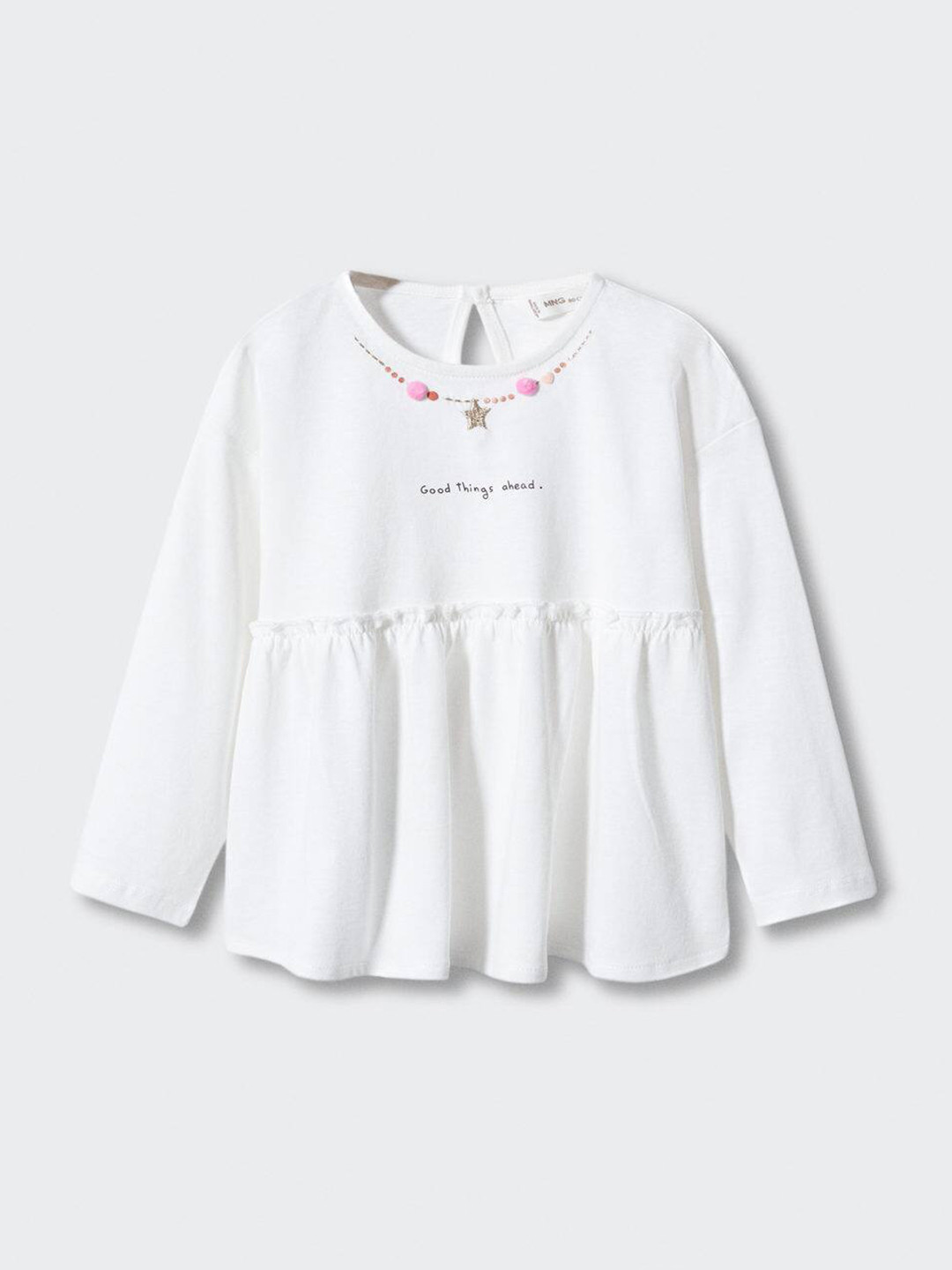 Mango Kids Girls Pure Cotton Pom Pom Applique T-shirt