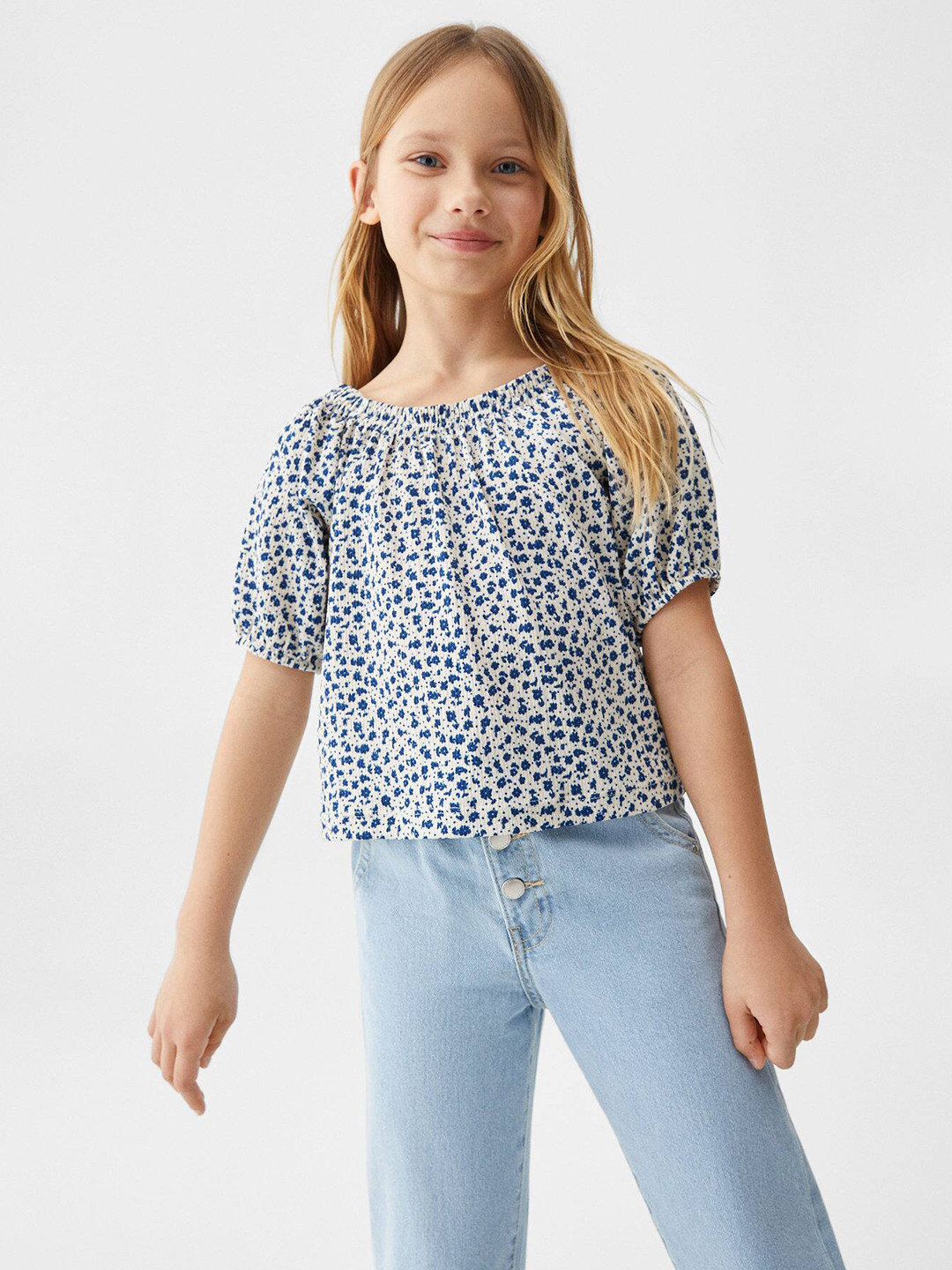 Mango Kids Girls Ditsy Floral Print Puff Sleeve Top