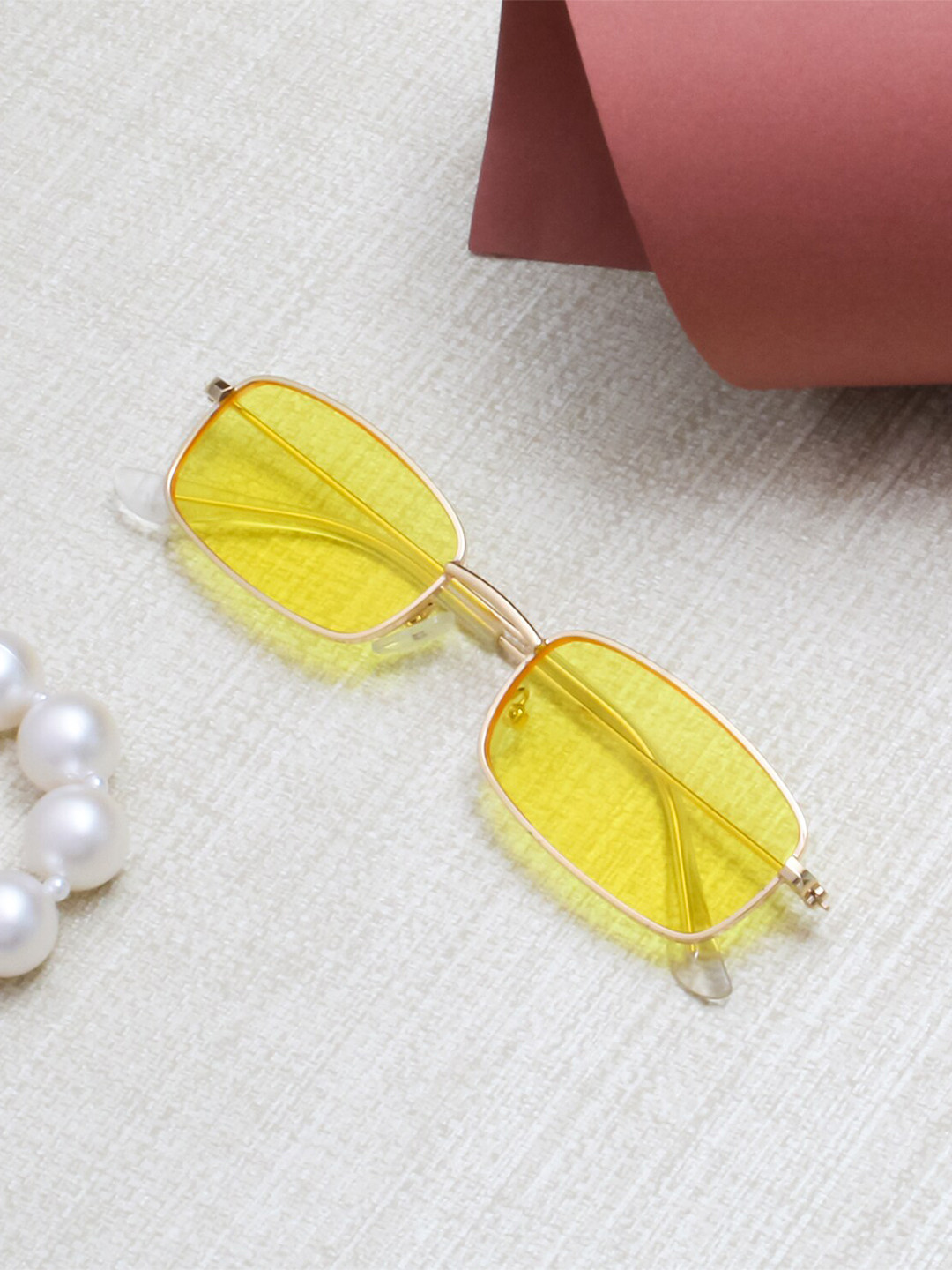 Ted Smith Unisex Gold-Yellow Rectangle Sunglasses With UV Protected Lens