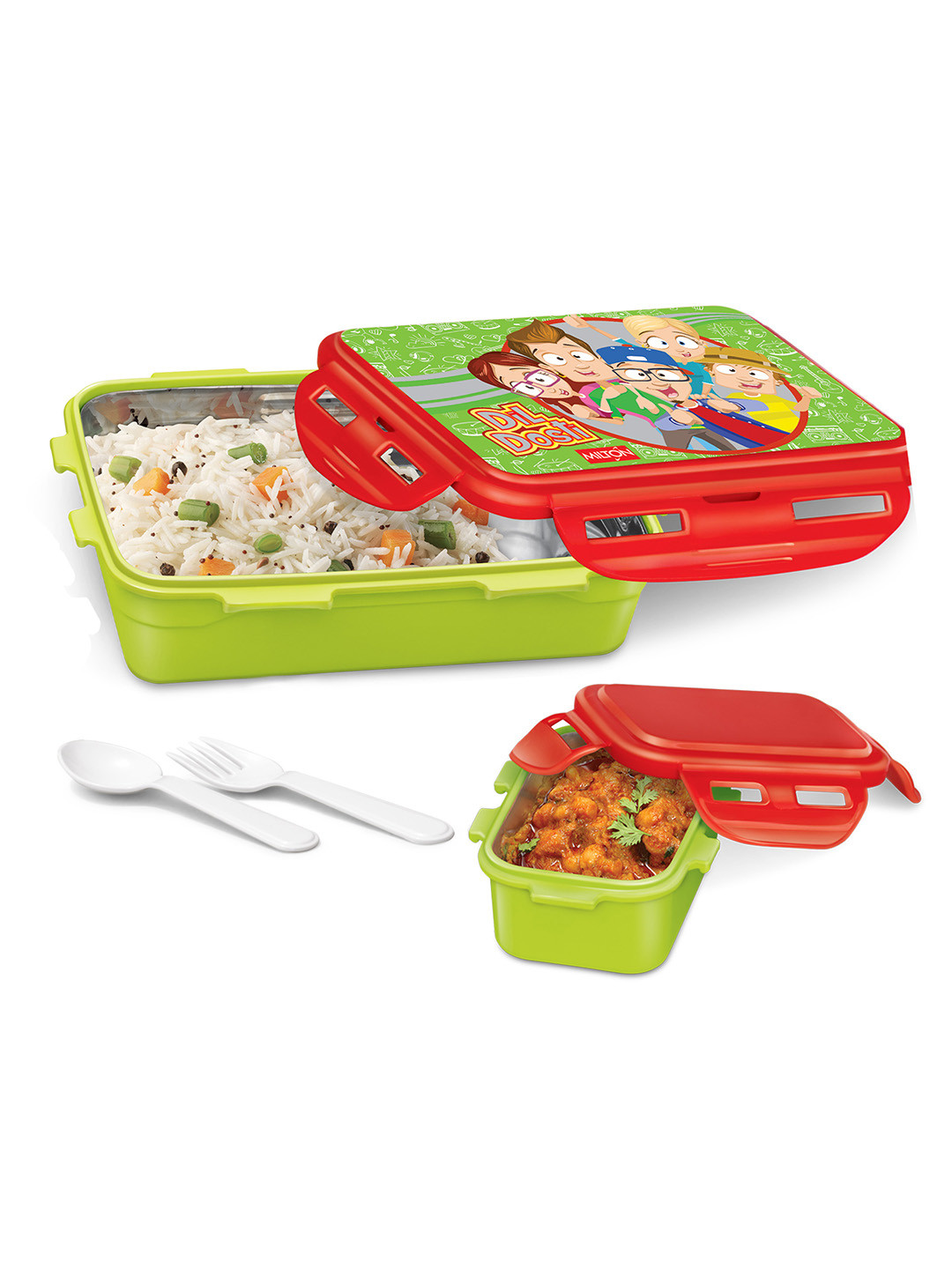 Milton Mini Fun Treat 4 Pcs Green Tiffin Box 650ml with Inner Container 120ml Spoon & Fork
