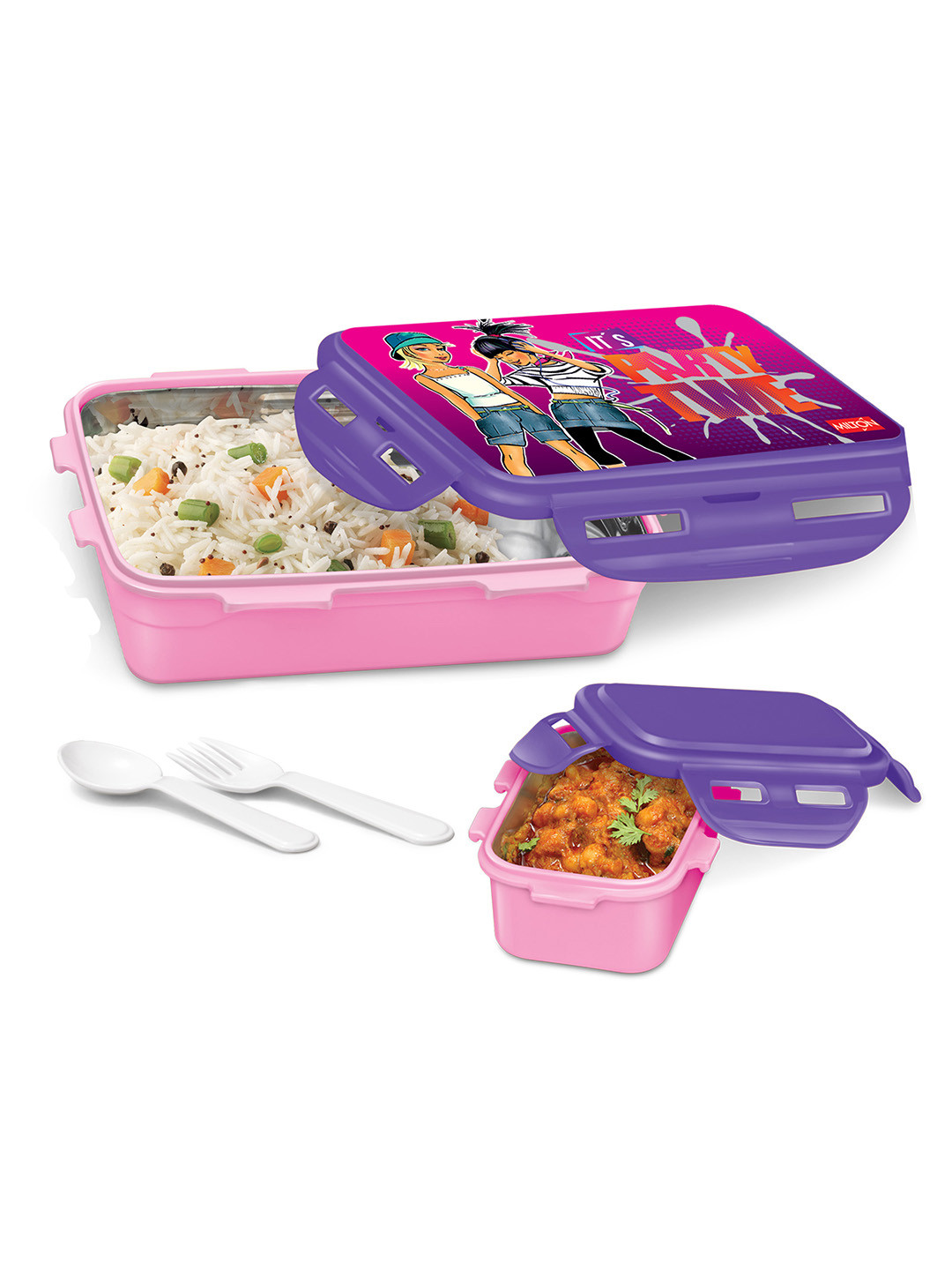 Milton Mini Fun Treat 4 Pcs Pink Tiffin Box 650ml with Inner Container 120ml Spoon & Fork
