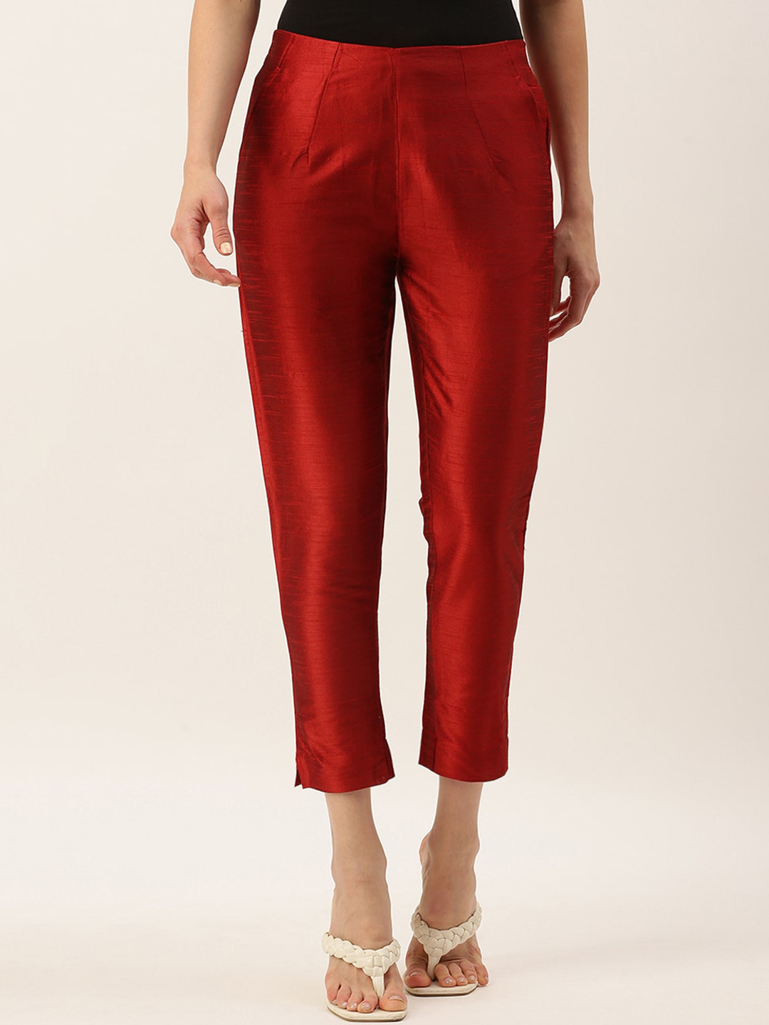 De Moza Women Slim Fit Cotton Cropped Cigarette Trousers