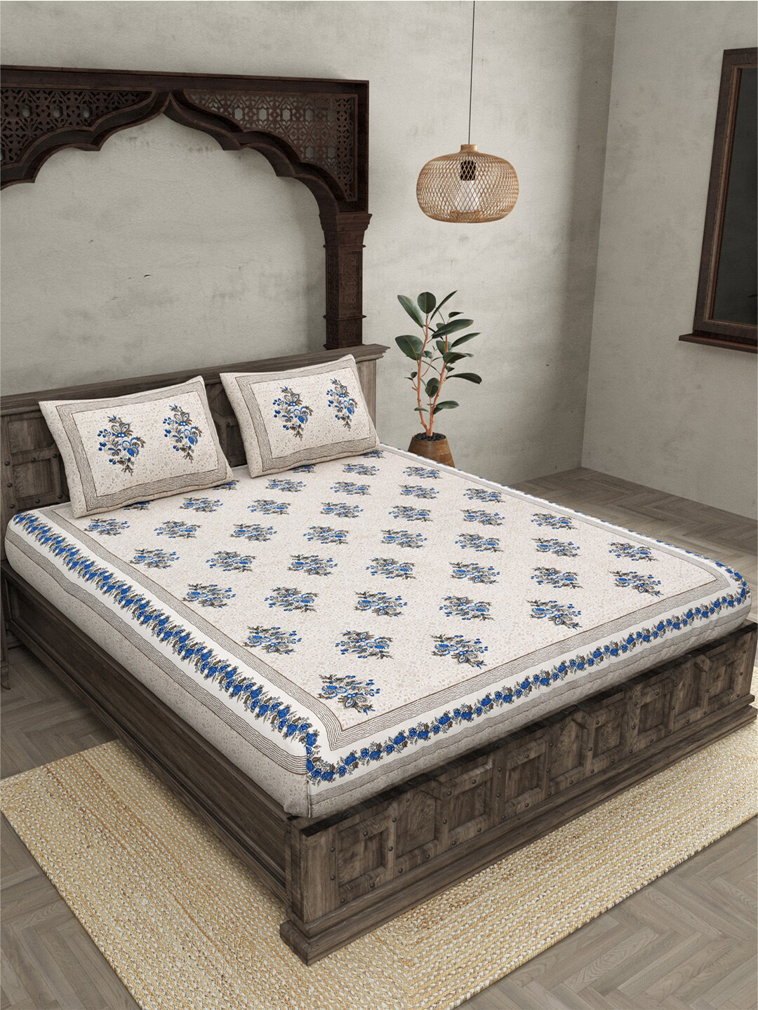 JAIPUR FABRIC Blue & Beige 240 TC Floral Cotton Queen Bedsheet With 2 Pillow Covers