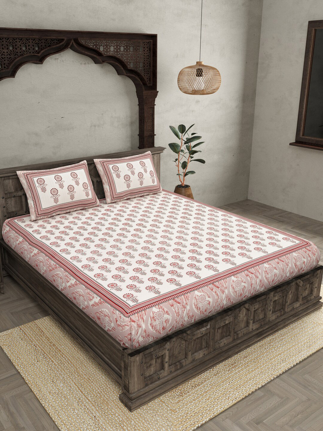 JAIPUR FABRIC Oblique Decoration Pink Floral Cotton 240 TC Queen Bedsheet with 2 Pillow Covers-270 x 218 cm