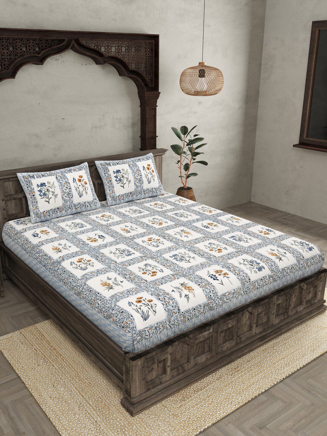 JAIPUR FABRIC Floral Frame White Floral Cotton 240 TC Queen Bedsheet with 2 Pillow Covers-90 x 100 inches