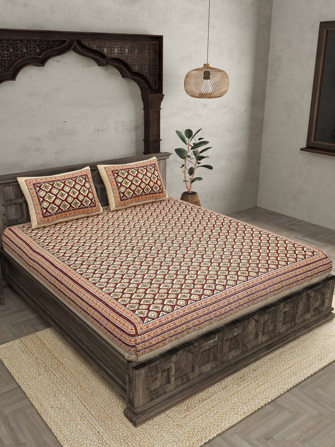 JAIPUR FABRIC Floret Retro Red & Beige 240 TC Cotton Queen Bedsheet & 2 Pillow Covers