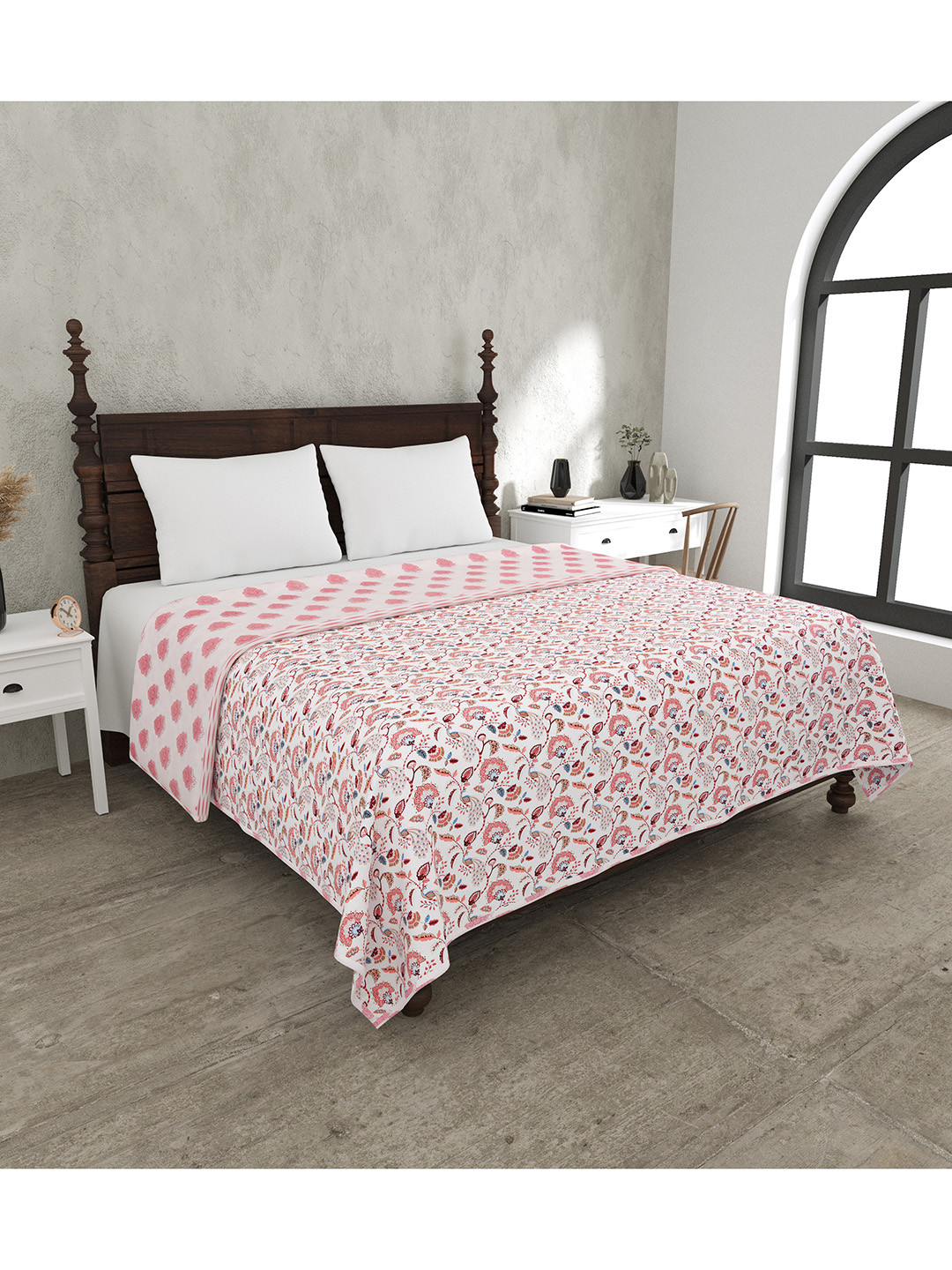 JAIPUR FABRIC White & Green Printed Mild Winter 120 GSM Pure Cotton Double Bed Dohar