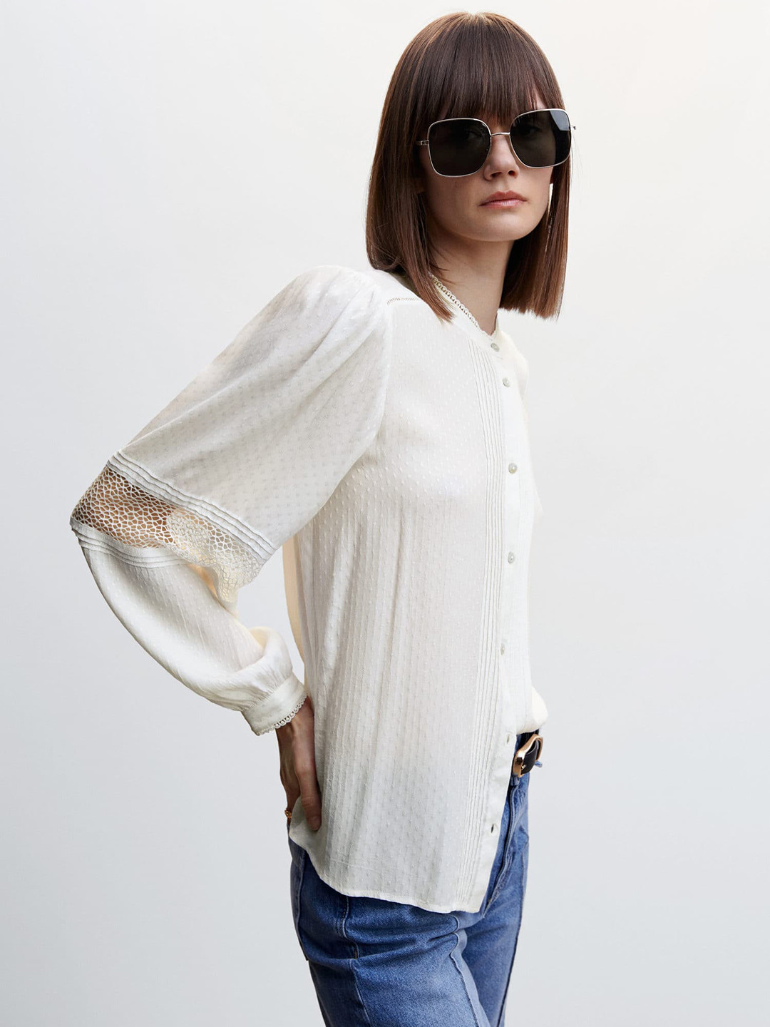 MANGO Lace Detail Puff Sleeves Plumeti Shirt