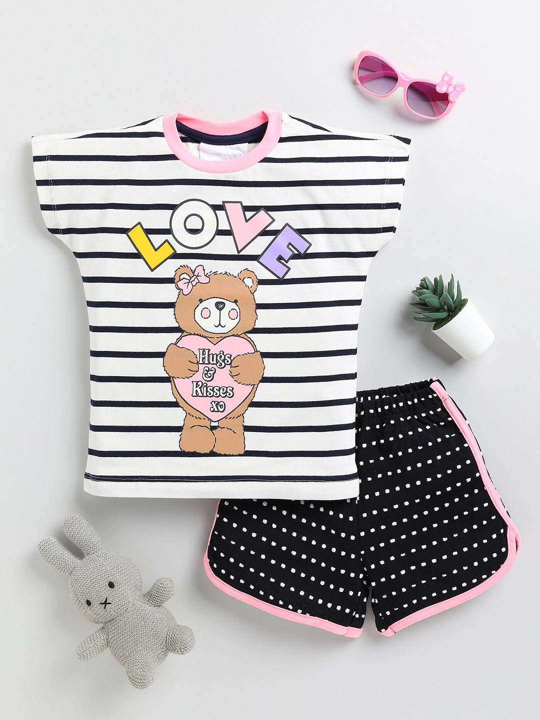 YK Girls Teddy Printed Cotton T-shirt with Shorts Set