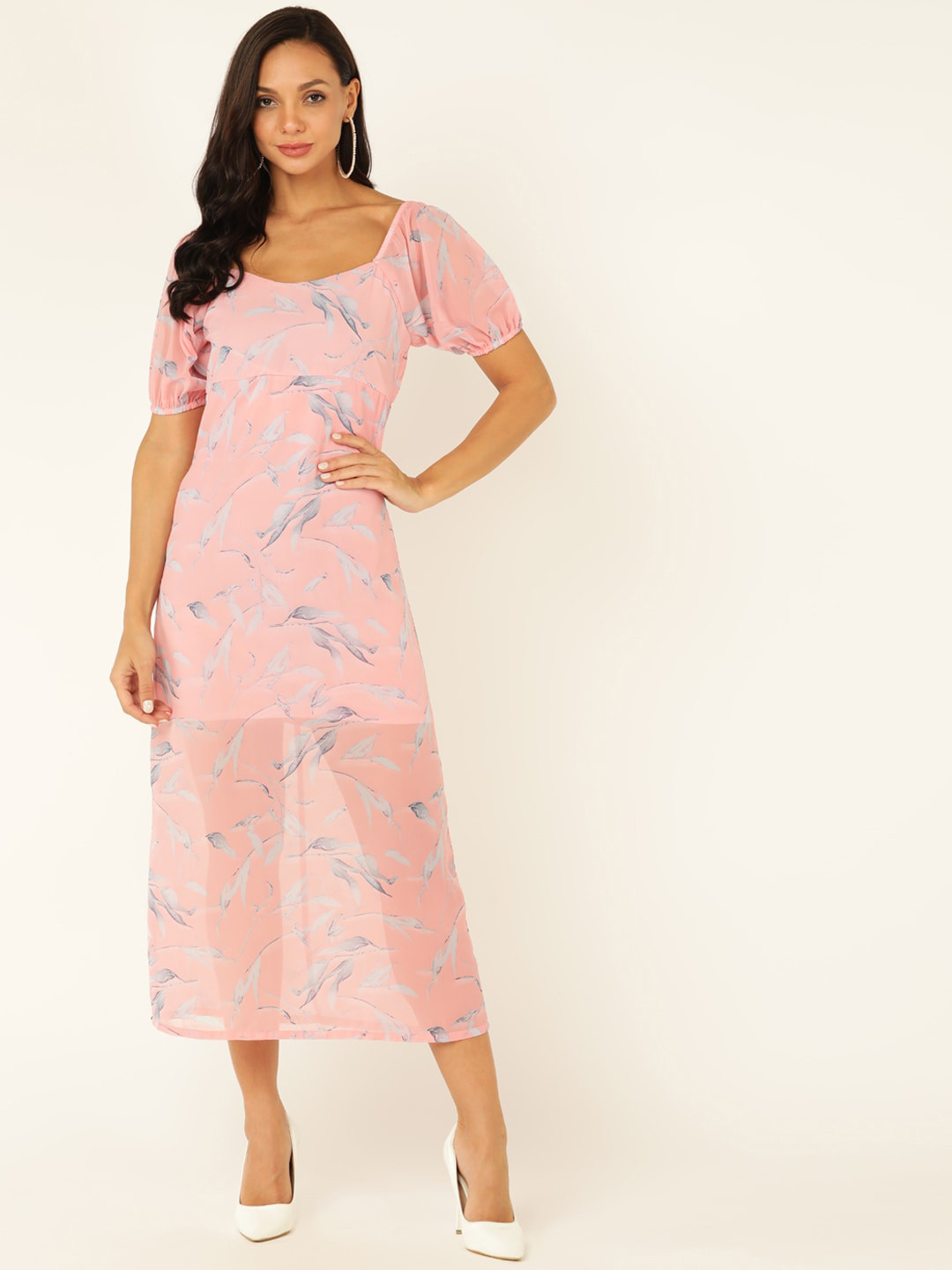 DODO & MOA Floral Printed Puff Sleeves A-Line Midi Dress