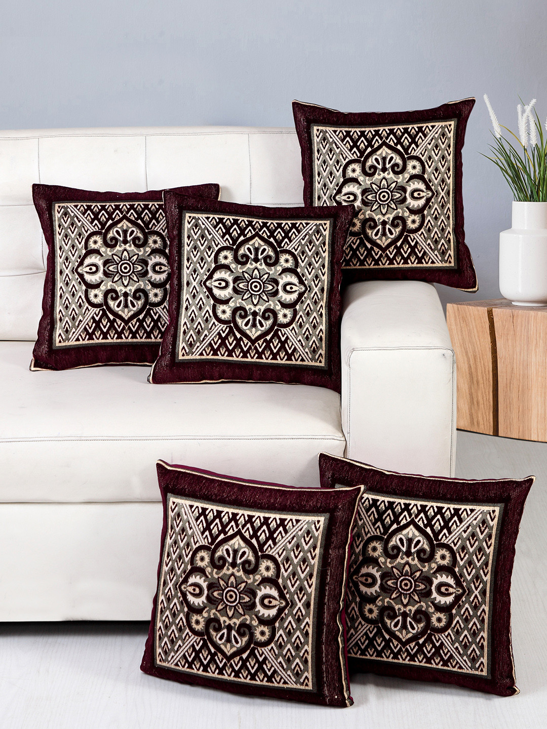 Nendle Beige & Burgundy 5 Pcs Floral Square Cushion Covers