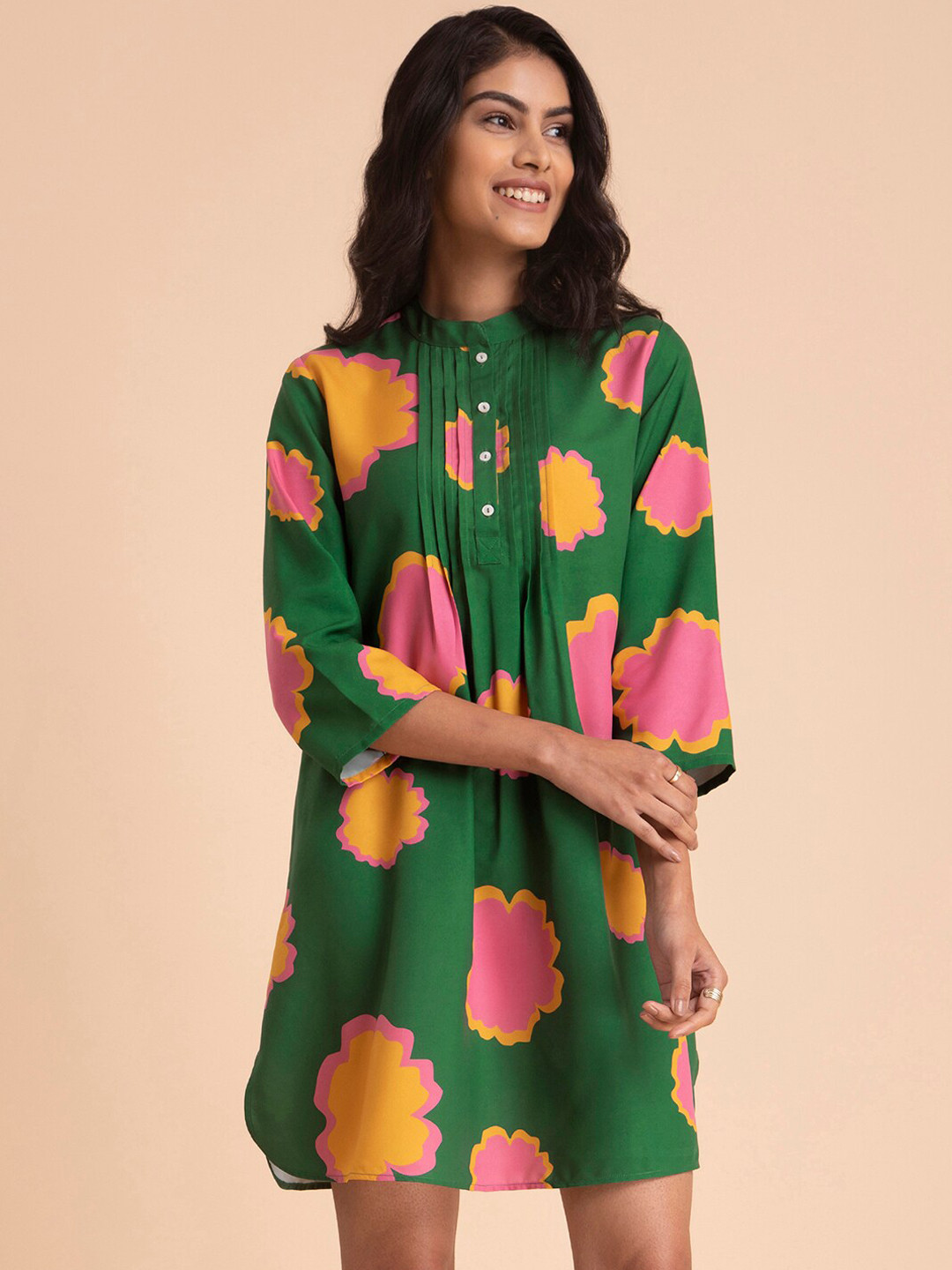 Pink Fort Green & Orange Floral Print A-Line Dress