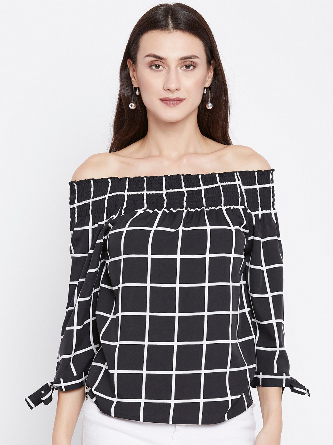 Zastraa Checked Off-Shoulder Crepe Bardot Top