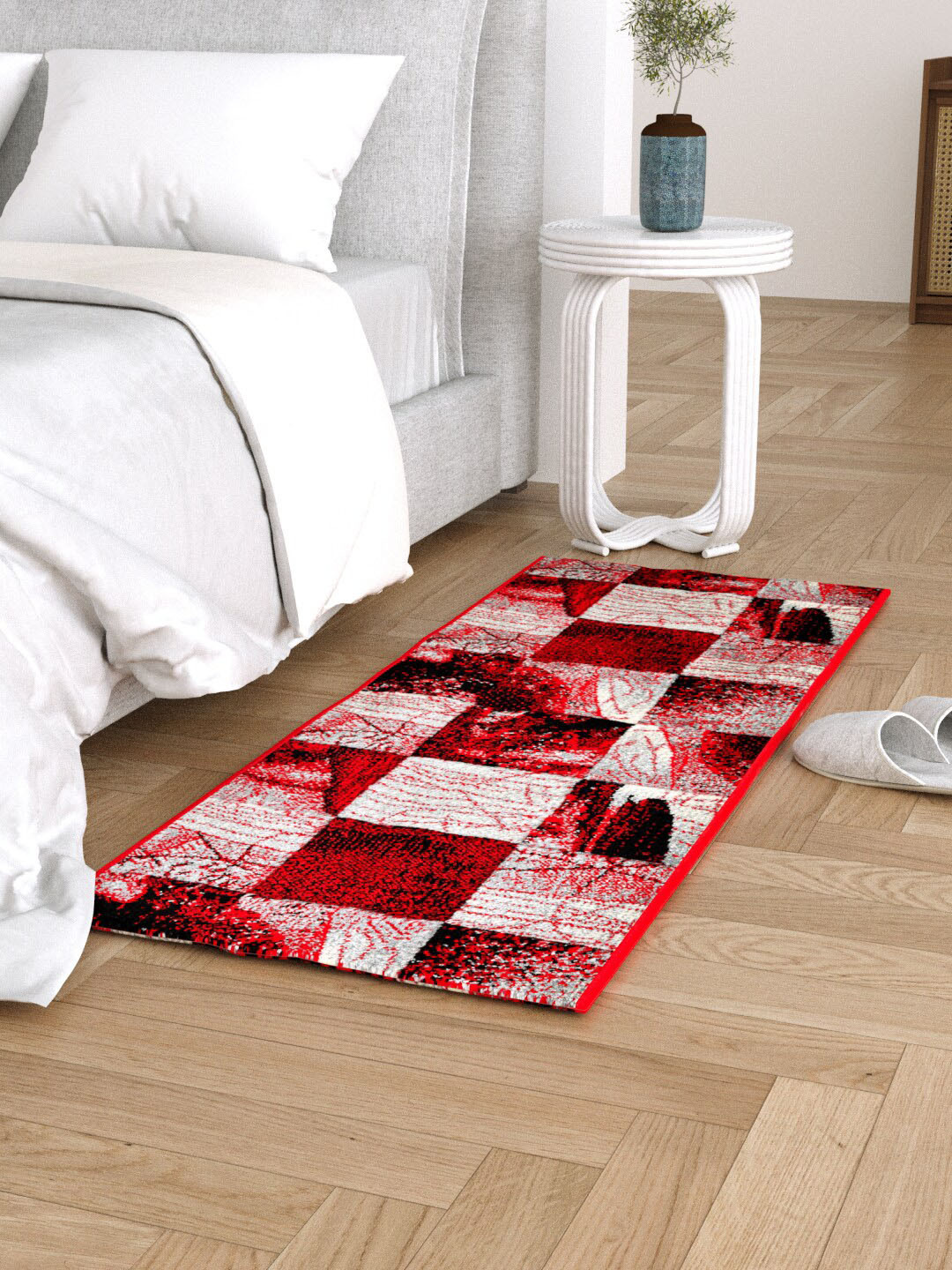 Clasiko Maroon & Grey Checked Anti Skid Backing Bedside Runner
