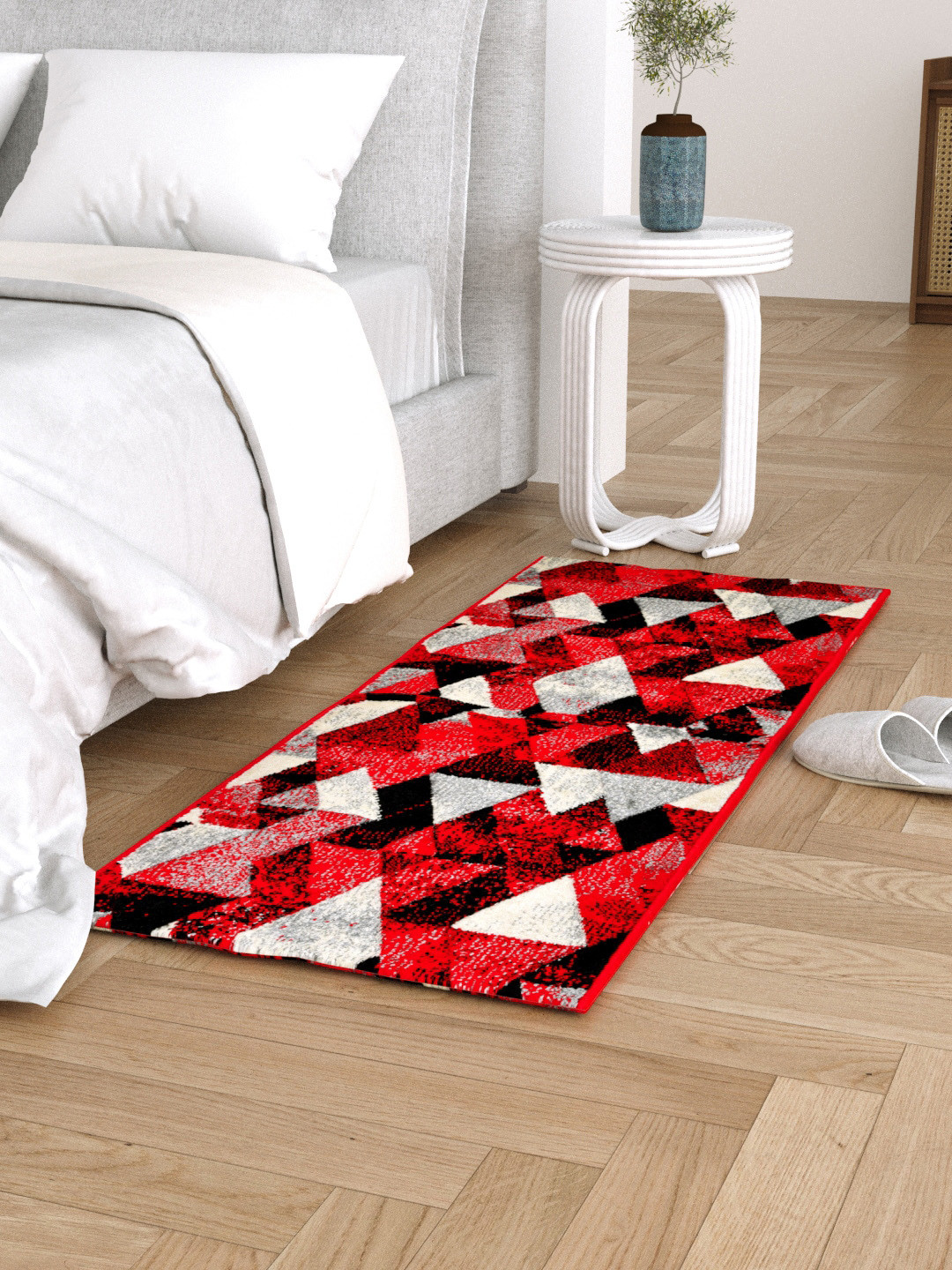 Clasiko Red & Black Geometric Design Anti Skid Backing Bedside Runner