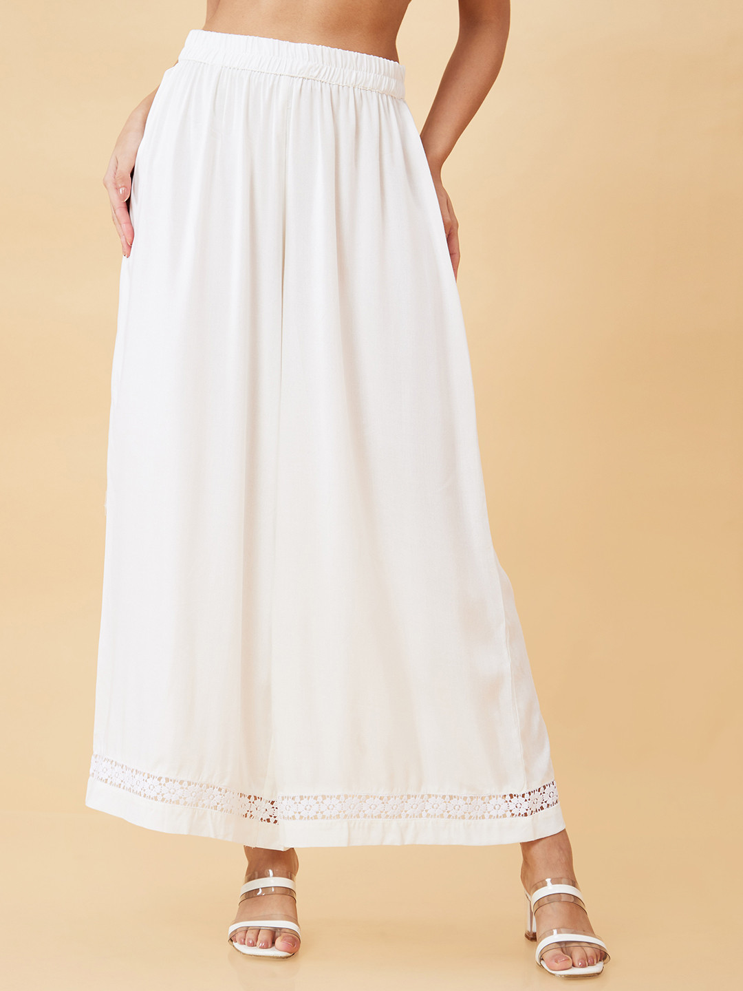 Globus Women Solid Ivory Floral Lace Hem Flared Ethnic Palazzos